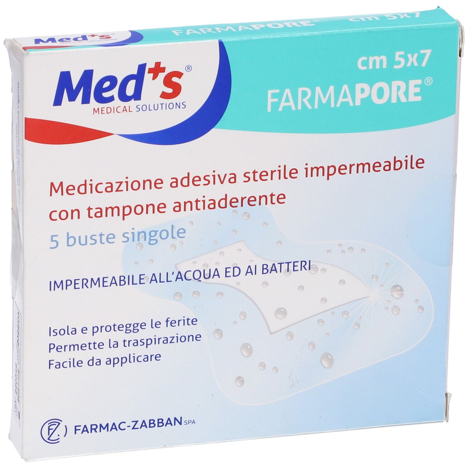 Scatola Med's. Scritta: Farmapore, 5x7cm, medicazione adesiva sterile impermeabile. 5 pezzi. Vista frontale.
