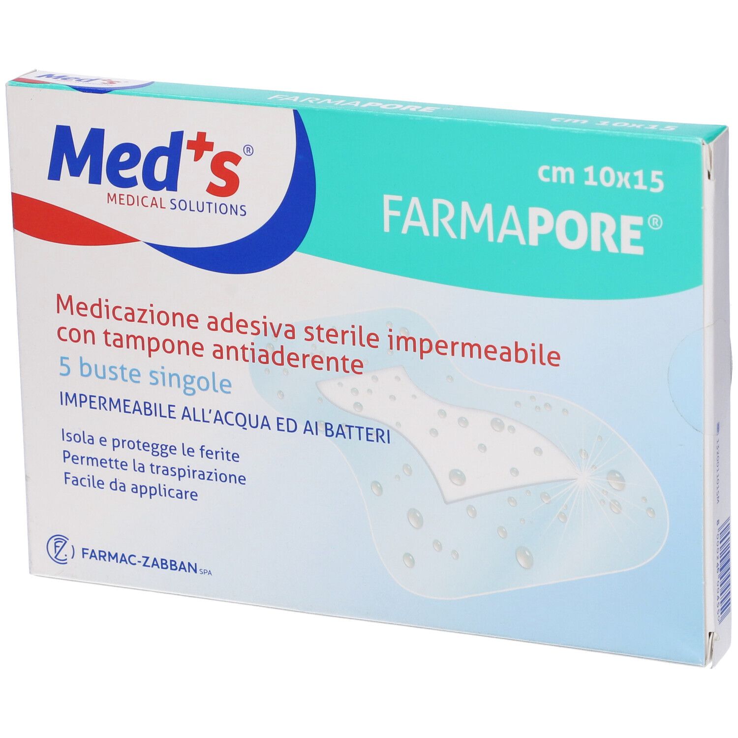Confezione di Med's Farmapore, 10x15cm, 5 pezzi. Scritta: Medicazione adesiva sterile impermeabile con tampone.