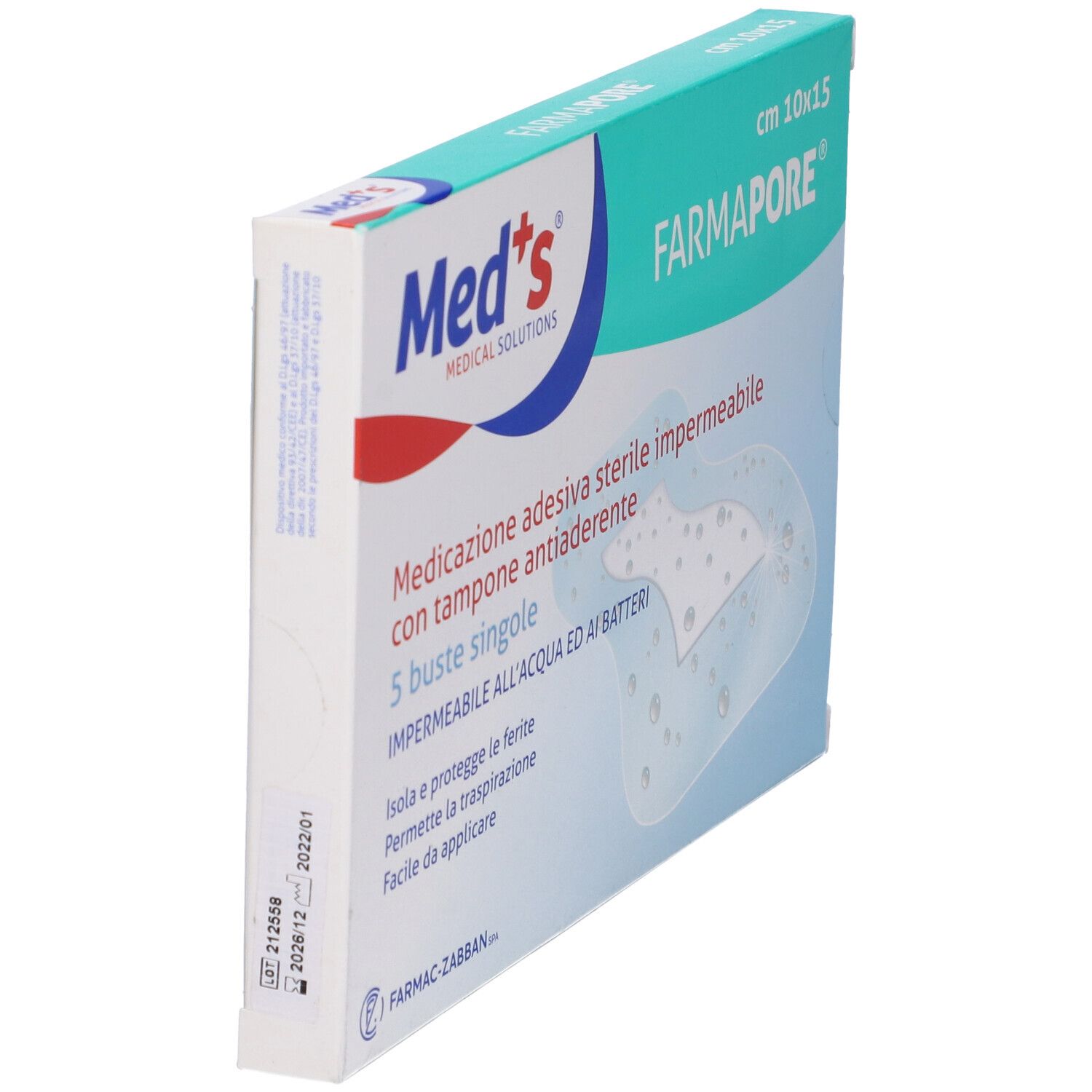 Confezione angolata di Med's Farmapore, 10x15cm, 5 pezzi. Scritta: Medicazione adesiva sterile impermeabile con tampone.