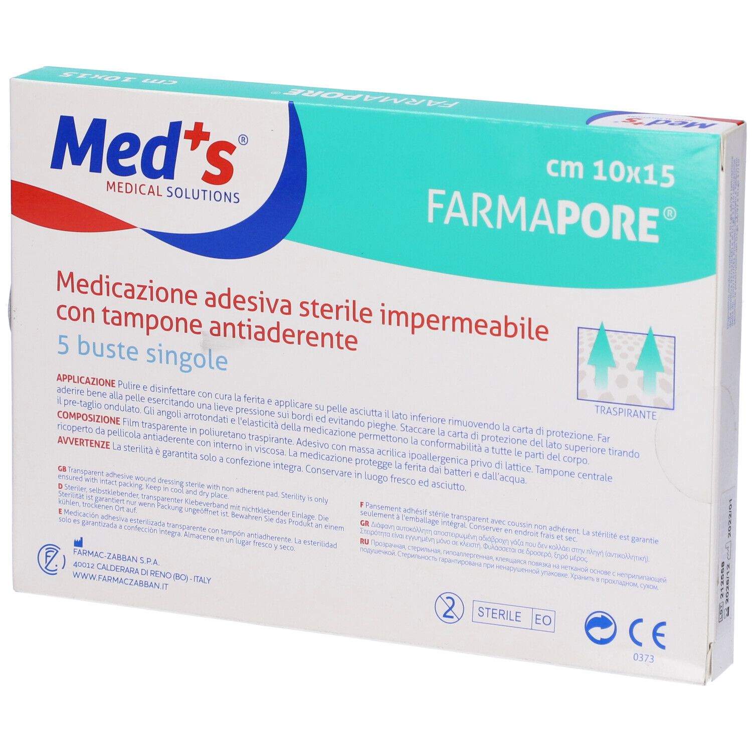Retro della confezione di Med's Farmapore, 10x15cm, 5 pezzi. Testo: Istruzioni per l'uso, ingredienti, certificazioni.