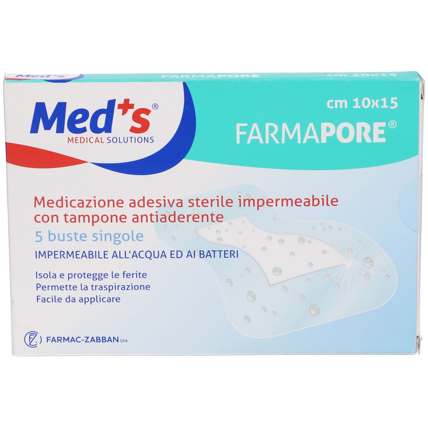 Confezione di Med's Farmapore, 10x15cm, 5 pezzi. Scritta: Medicazione adesiva sterile impermeabile con tampone.