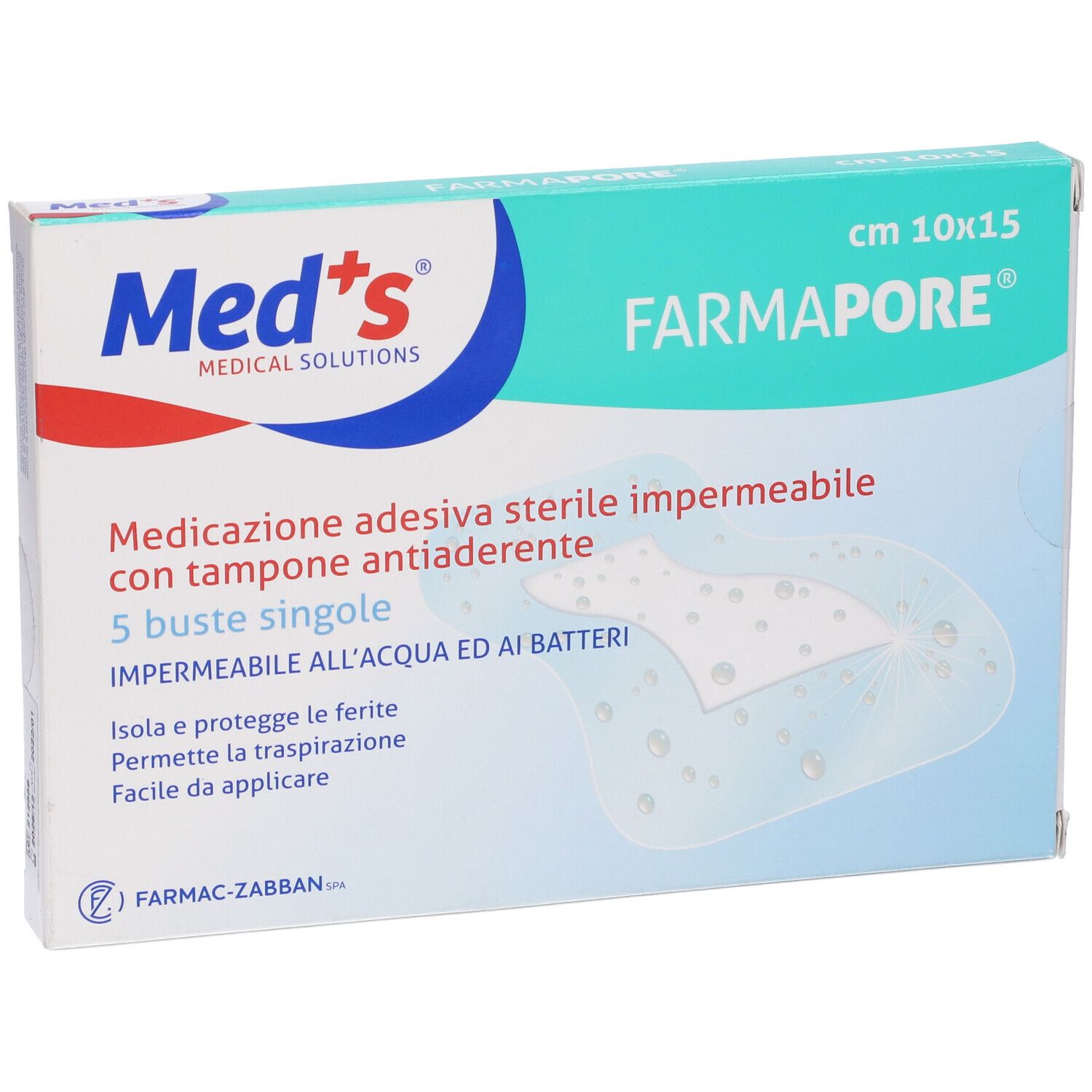 Confezione di Med's Farmapore, 10x15cm, 5 pezzi. Scritta: Medicazione adesiva sterile impermeabile con tampone.