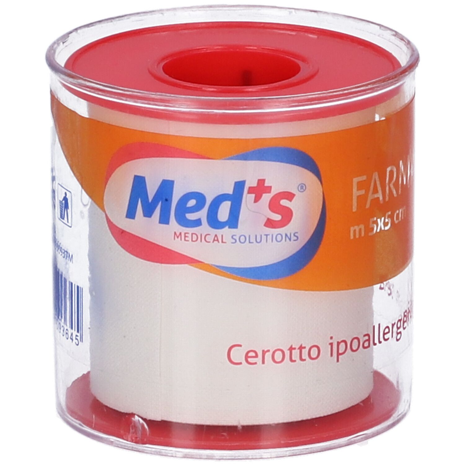Cerotto ipoallergenico in rotolo. Confezione trasparente. Coperchio rosso. Scritte: Med's, Farmacerotto.