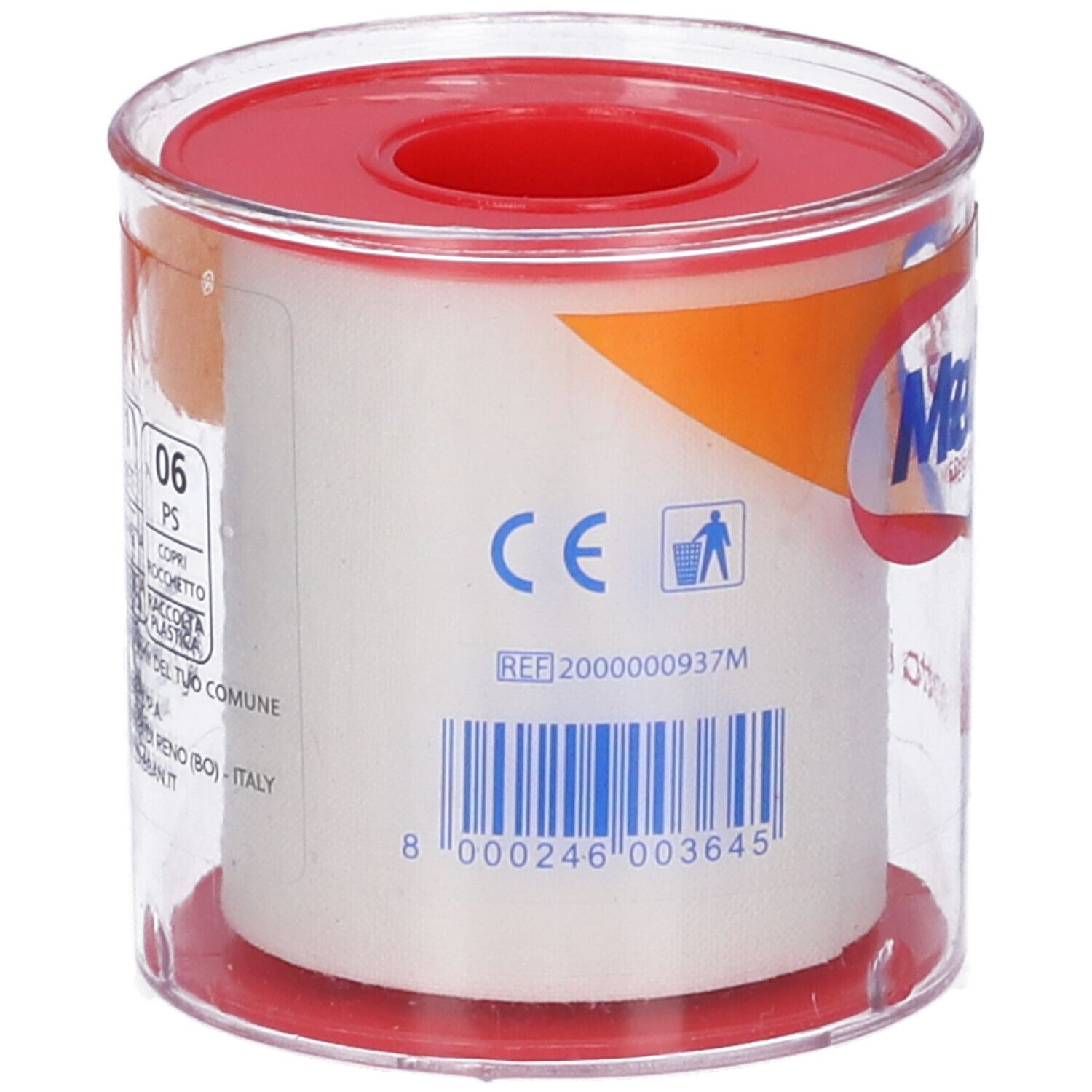 Retro del rotolo di cerotto. Confezione trasparente. Coperchio rosso. Marchio CE, codice a barre. Scritta: Farmacerotto.