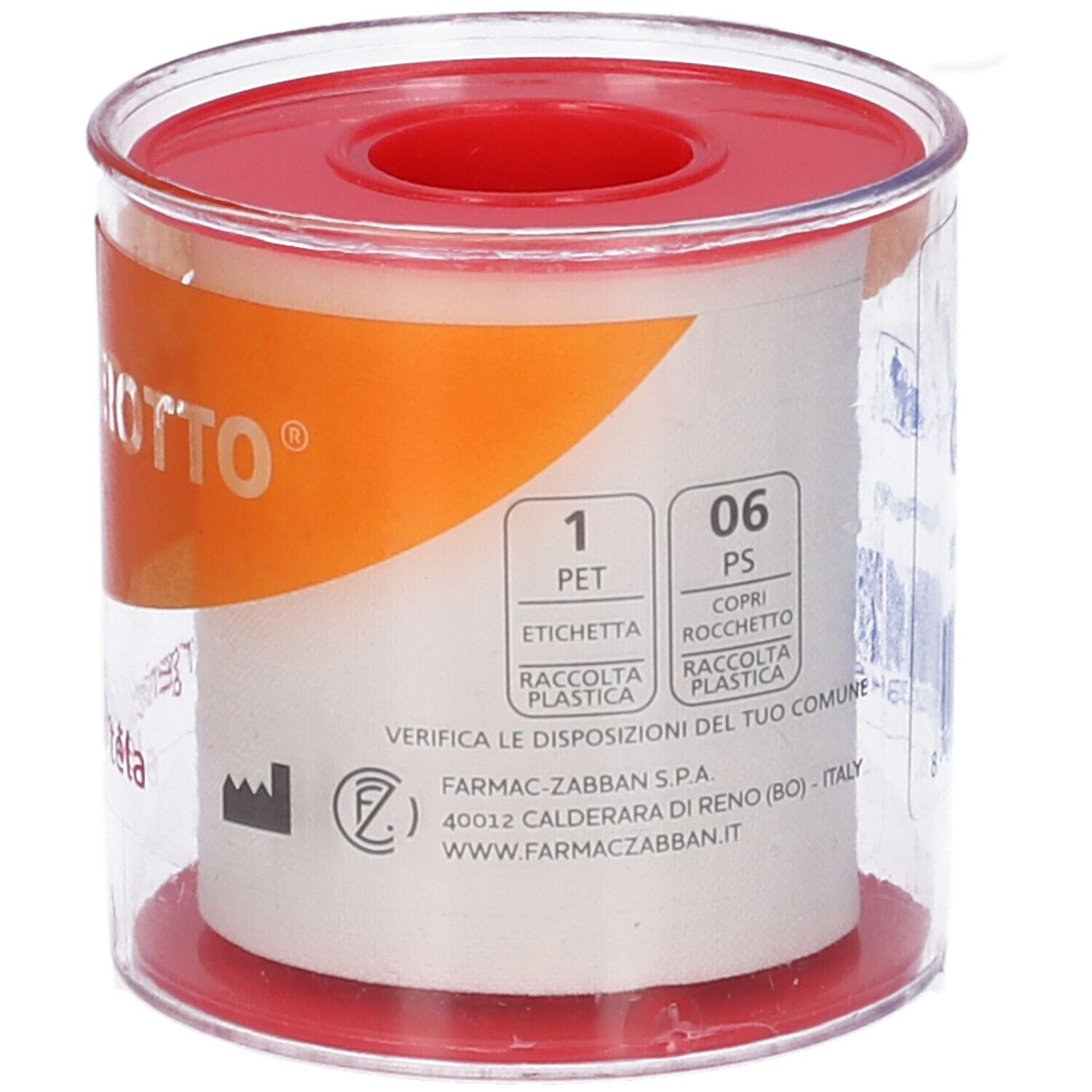 Rotolo di cerotto in confezione trasparente. Coperchio rosso. Scritte: Farmacerotto, etichetta, simbolo riciclo.