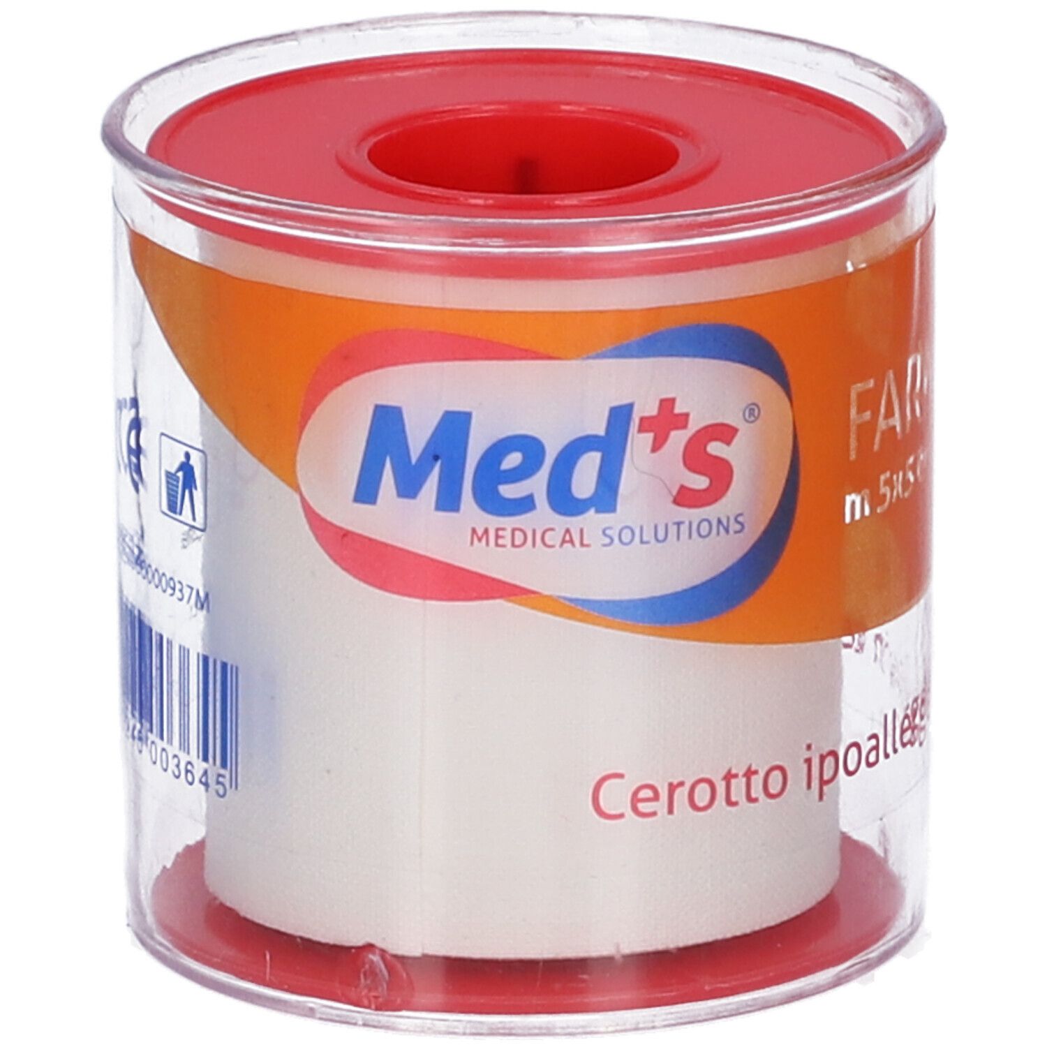 Cerotto ipoallergenico in rotolo. Confezione trasparente. Coperchio rosso. Scritte: Med's, Farmacerotto.