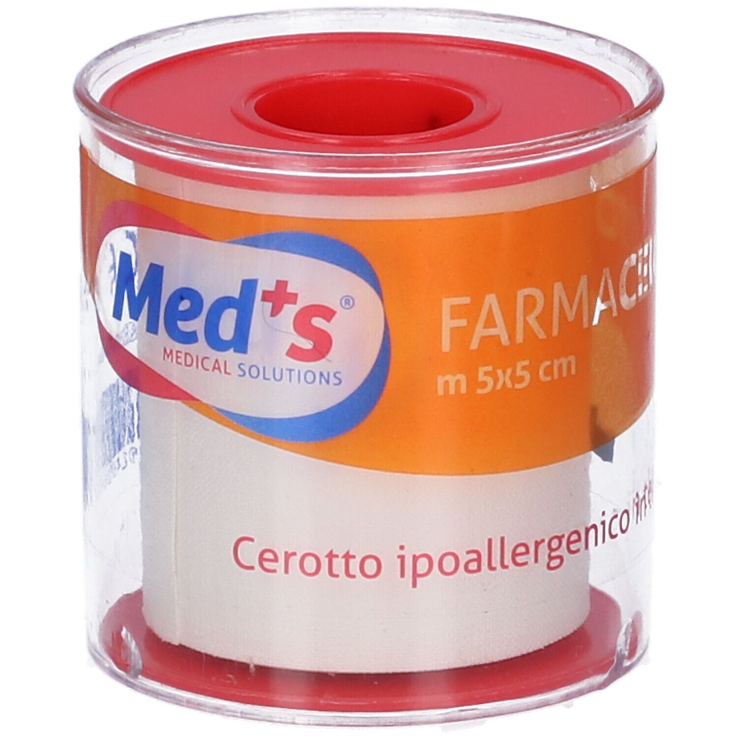 Cerotto ipoallergenico in rotolo. Confezione trasparente. Coperchio rosso. Scritte: Med's, Farmacerotto.