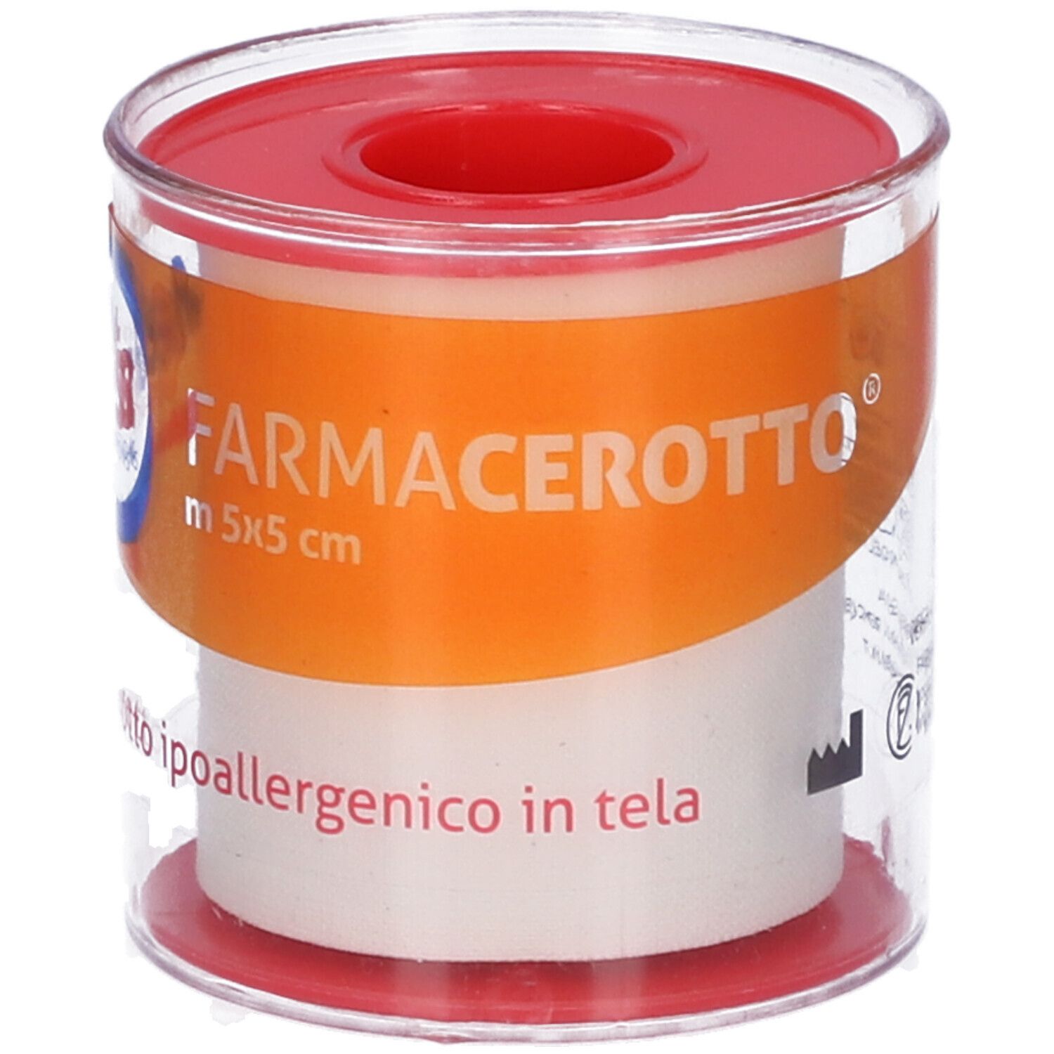 Rotolo di cerotto in confezione trasparente. Coperchio rosso. Scritta: Farmacerotto, dimensione 5x5 cm.