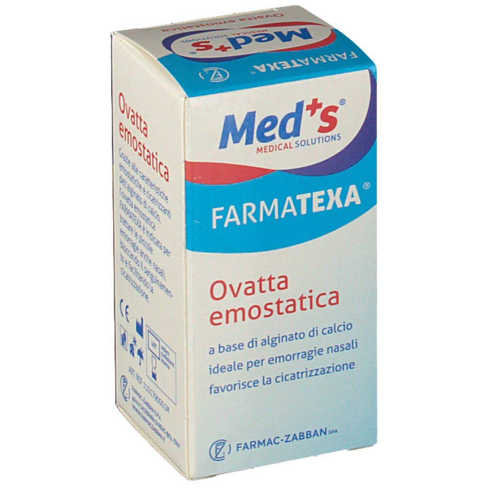 Verpackung von Meds Ovatta Emostatica. Weißer Karton mit blauen und roten Akzenten. Text: FARMATEXA, Ovatta emostatica.