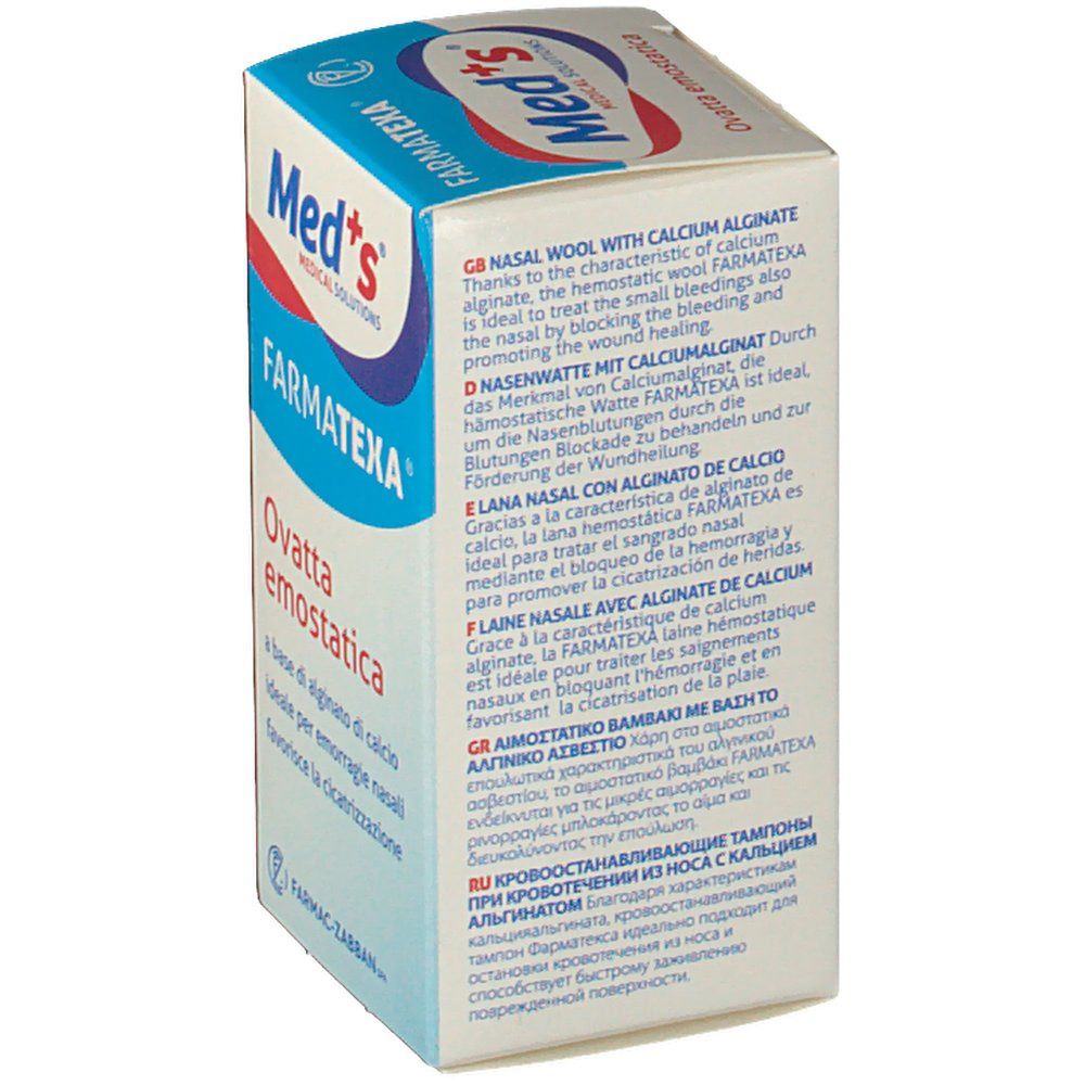 Karton von Meds Ovatta Emostatica. Rückseite mit Text in mehreren Sprachen. Text: Nasenwatte mit Calciumalginat.