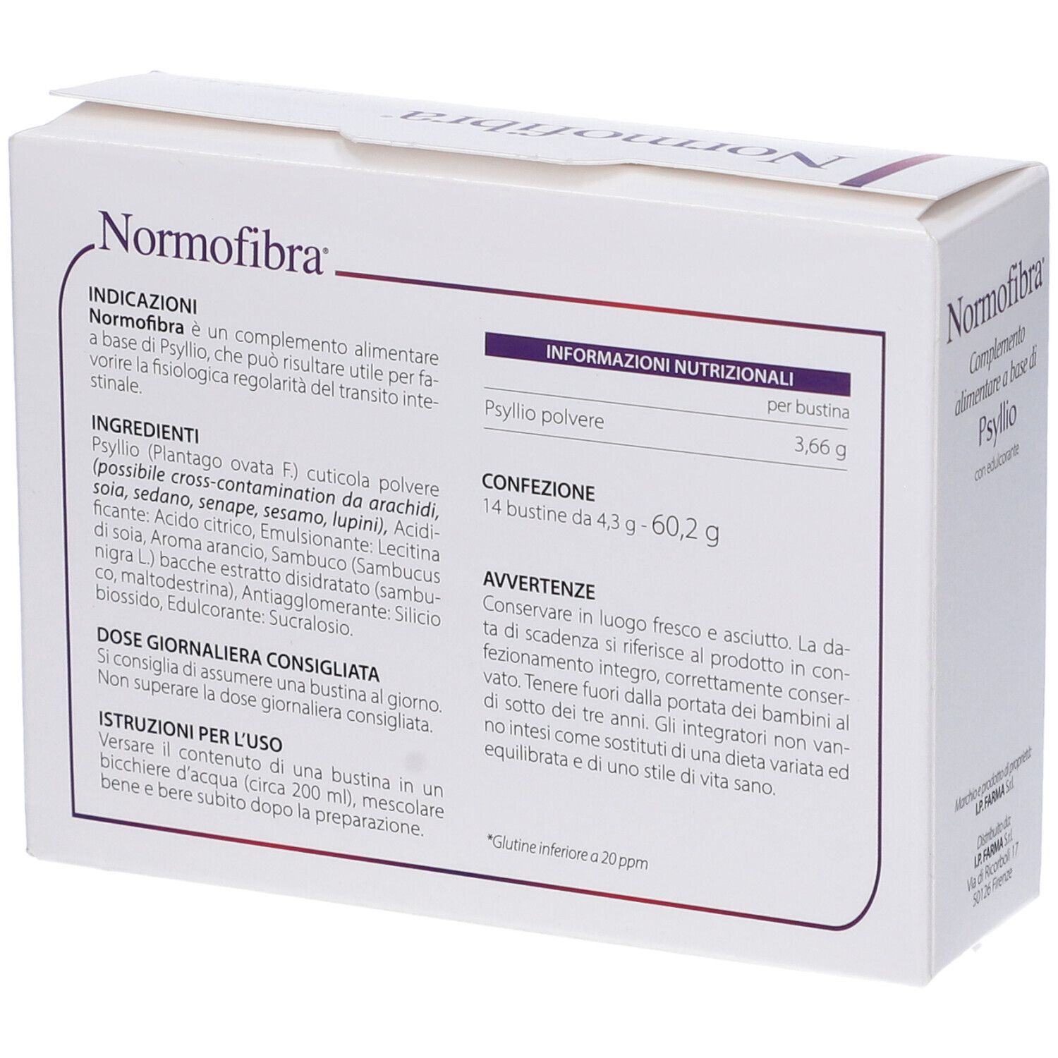 Weiße Schachtel 'Normofibra'. Text: 'Complemento alimentare a base di Psyllio'. Inhaltsstoffe und Nährwertangaben. 14 Beutel.