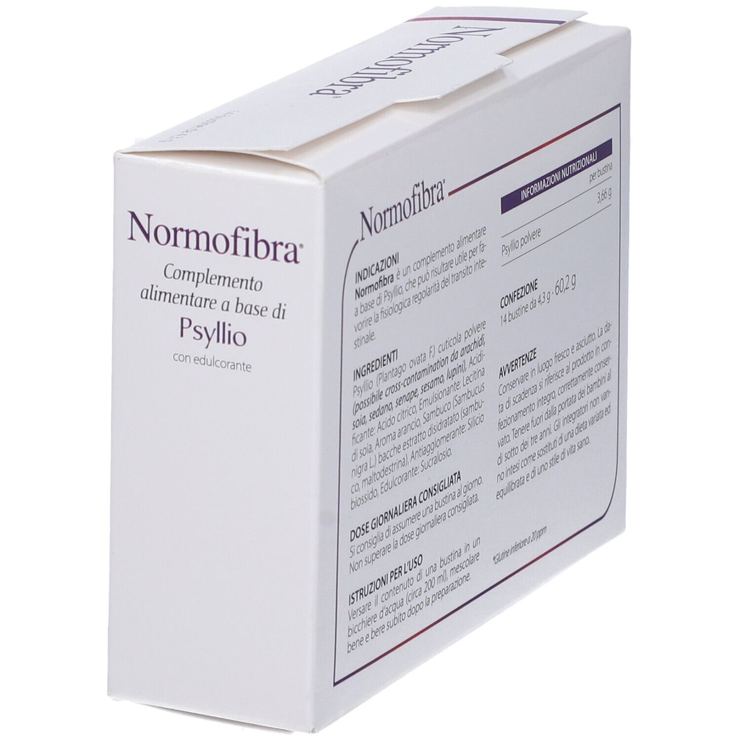 Weiße Schachtel 'Normofibra'. Text: 'Complemento alimentare a base di Psyllio'. Inhaltsstoffe und Nährwertangaben. 14 Beutel.
