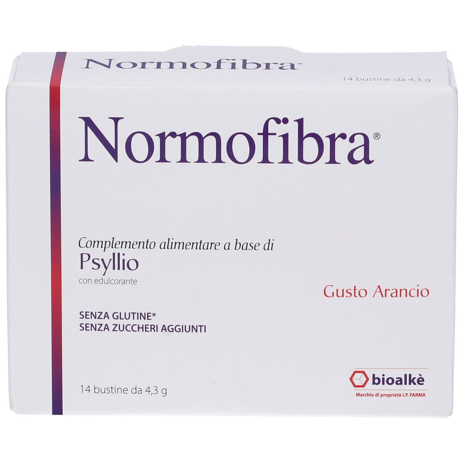 Weiße Schachtel 'Normofibra'. Enthält 14 Beutel mit 4,3 g. 'Gusto Arancio'. Frei von Gluten und Zucker.