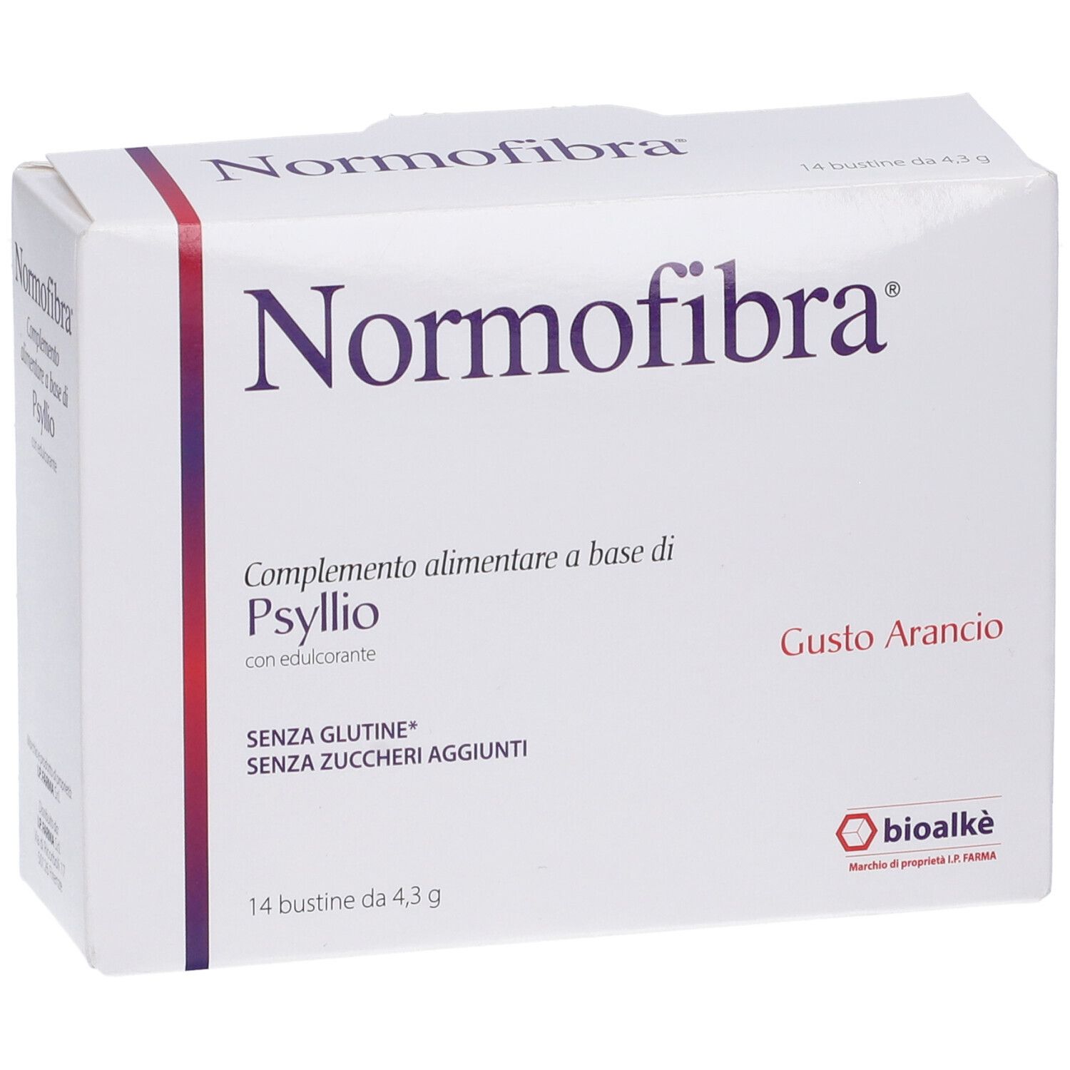 Weiße Schachtel 'Normofibra'. Enthält 14 Beutel mit 4,3 g. 'Gusto Arancio'. Frei von Gluten und Zucker.