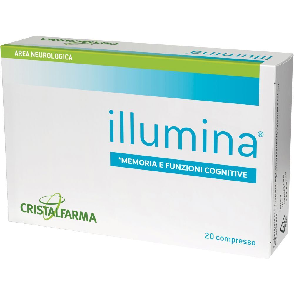 Boîte blanche "illumina". Texte "Memoria e Funzioni Cognitive". 20 comprimés. Marque CristalFarma. Zone neurologique.
