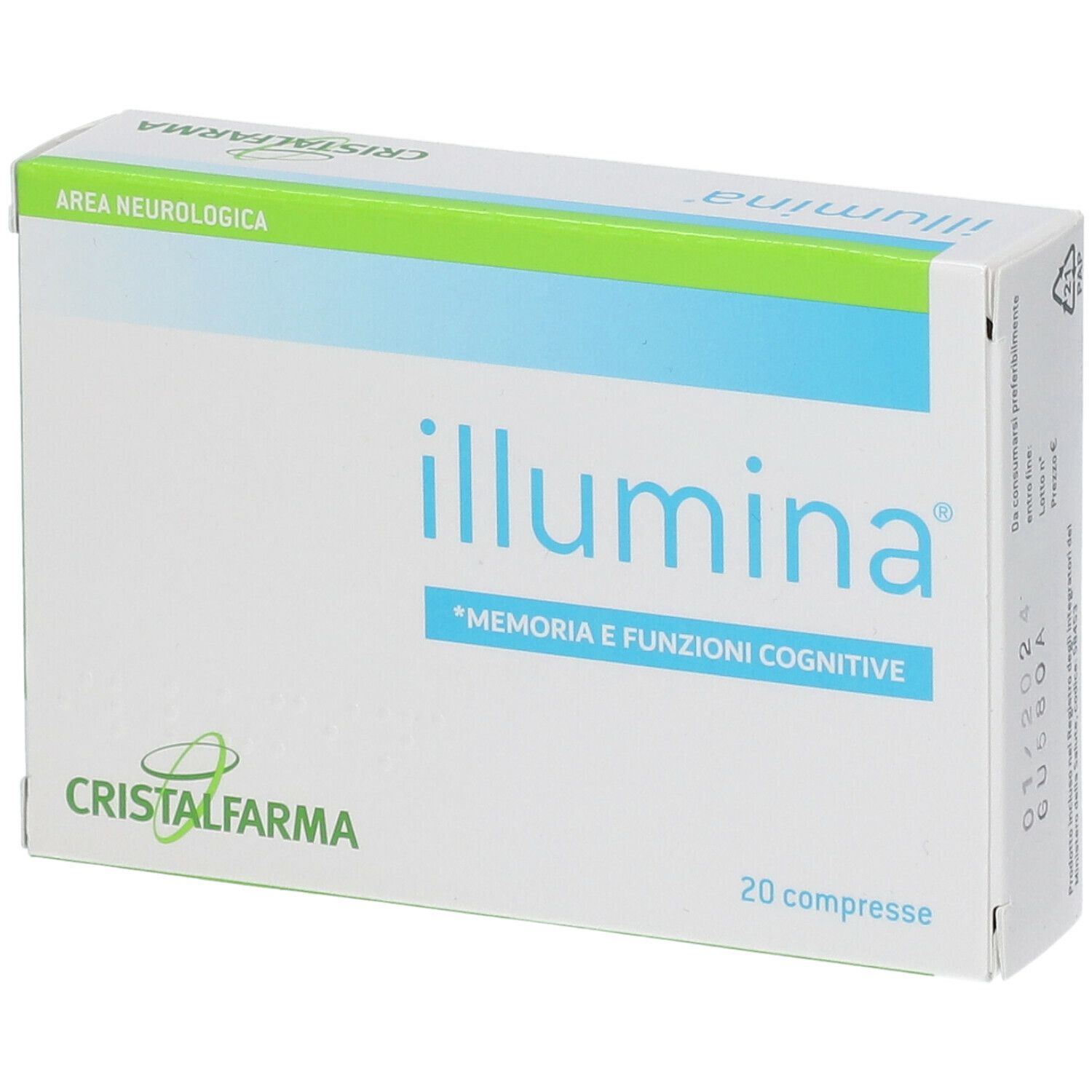 Boîte blanche "illumina". Texte "Memoria e Funzioni Cognitive". 20 comprimés. Marque CristalFarma. Vue de face.