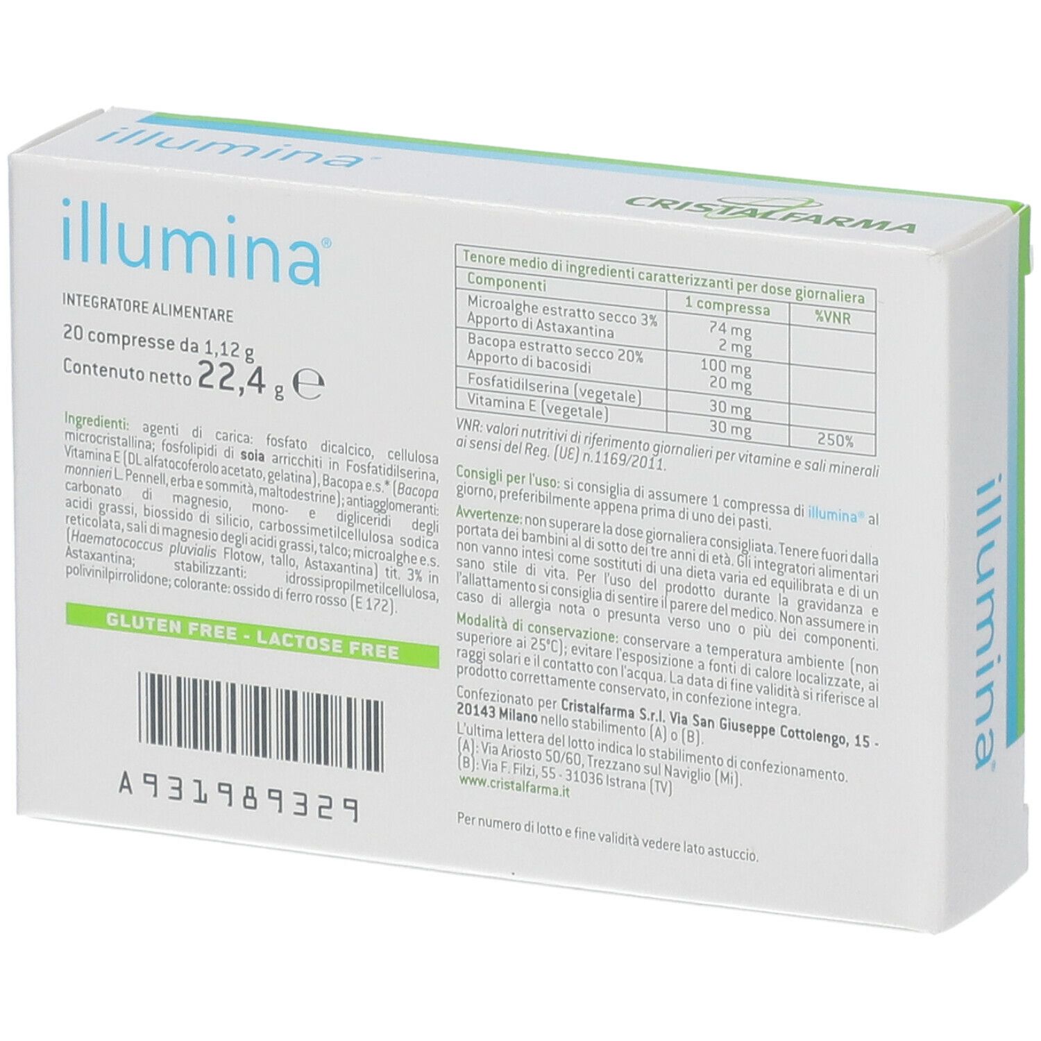 Boîte "illumina", dos avec ingrédients, informations nutritionnelles. Sans gluten, sans lactose.