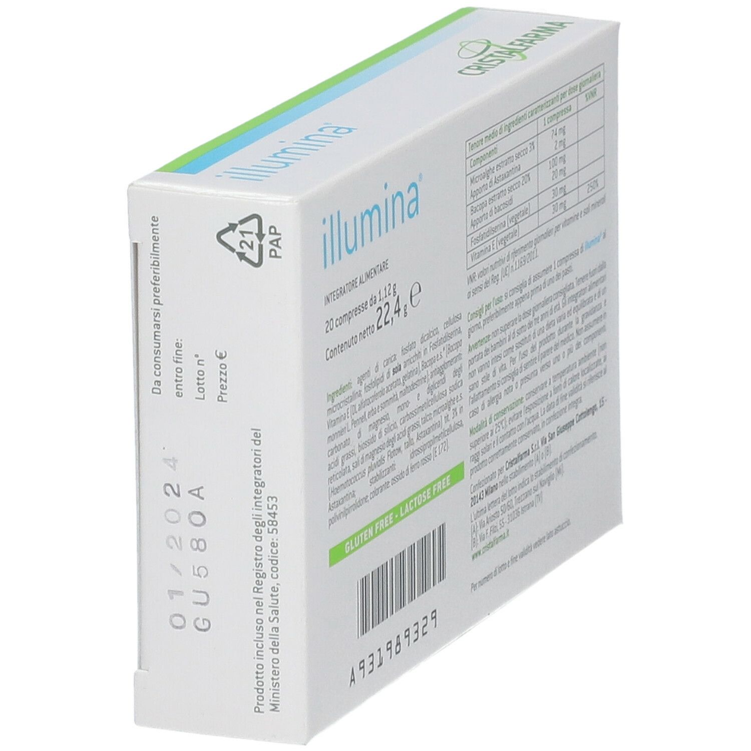 Boîte "illumina", dos avec ingrédients, date de péremption. Sans gluten, sans lactose.