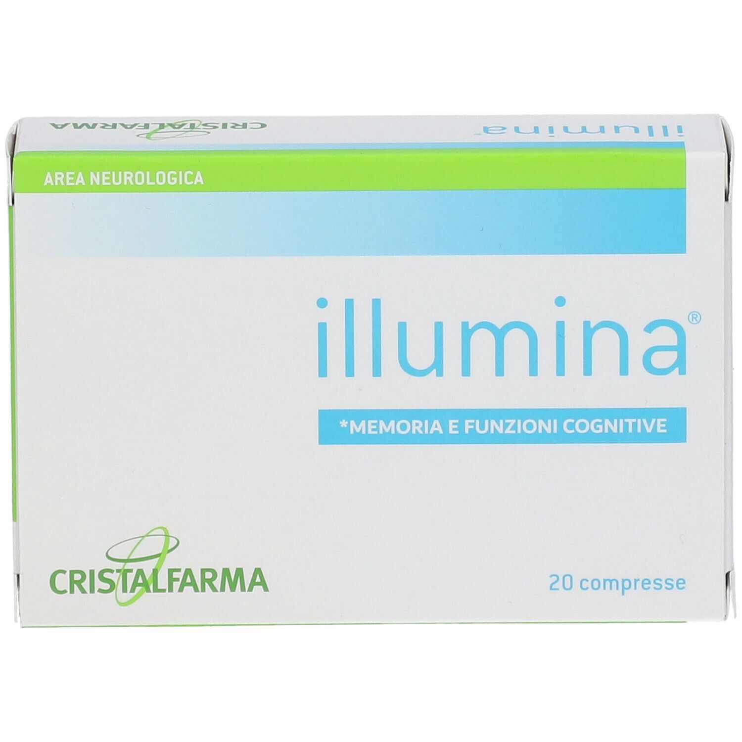 Boîte blanche "illumina". Texte "Memoria e Funzioni Cognitive". 20 comprimés. Marque CristalFarma. Vue de face.
