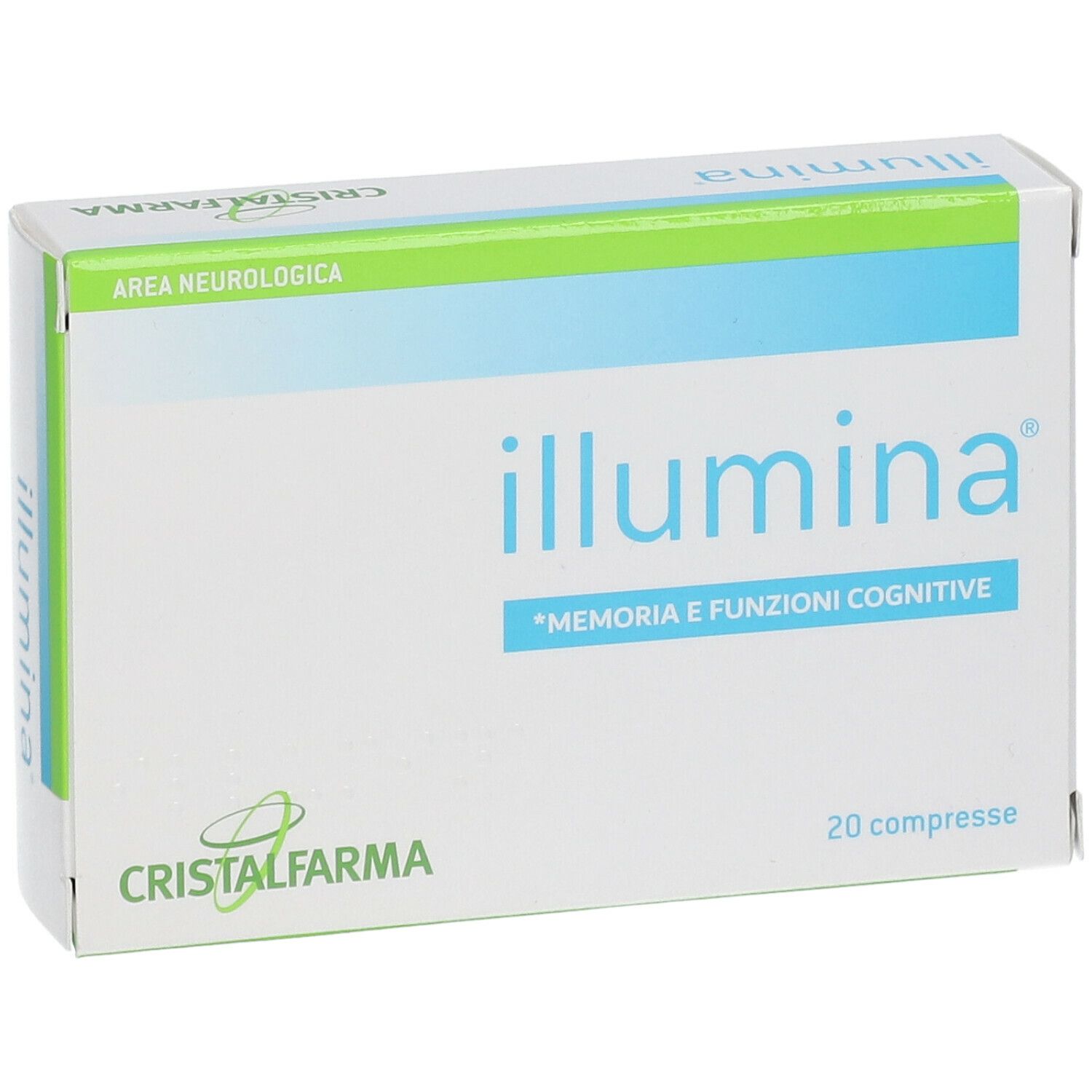 Boîte blanche "illumina". Texte "Memoria e Funzioni Cognitive". 20 comprimés. Marque CristalFarma. Vue de face.