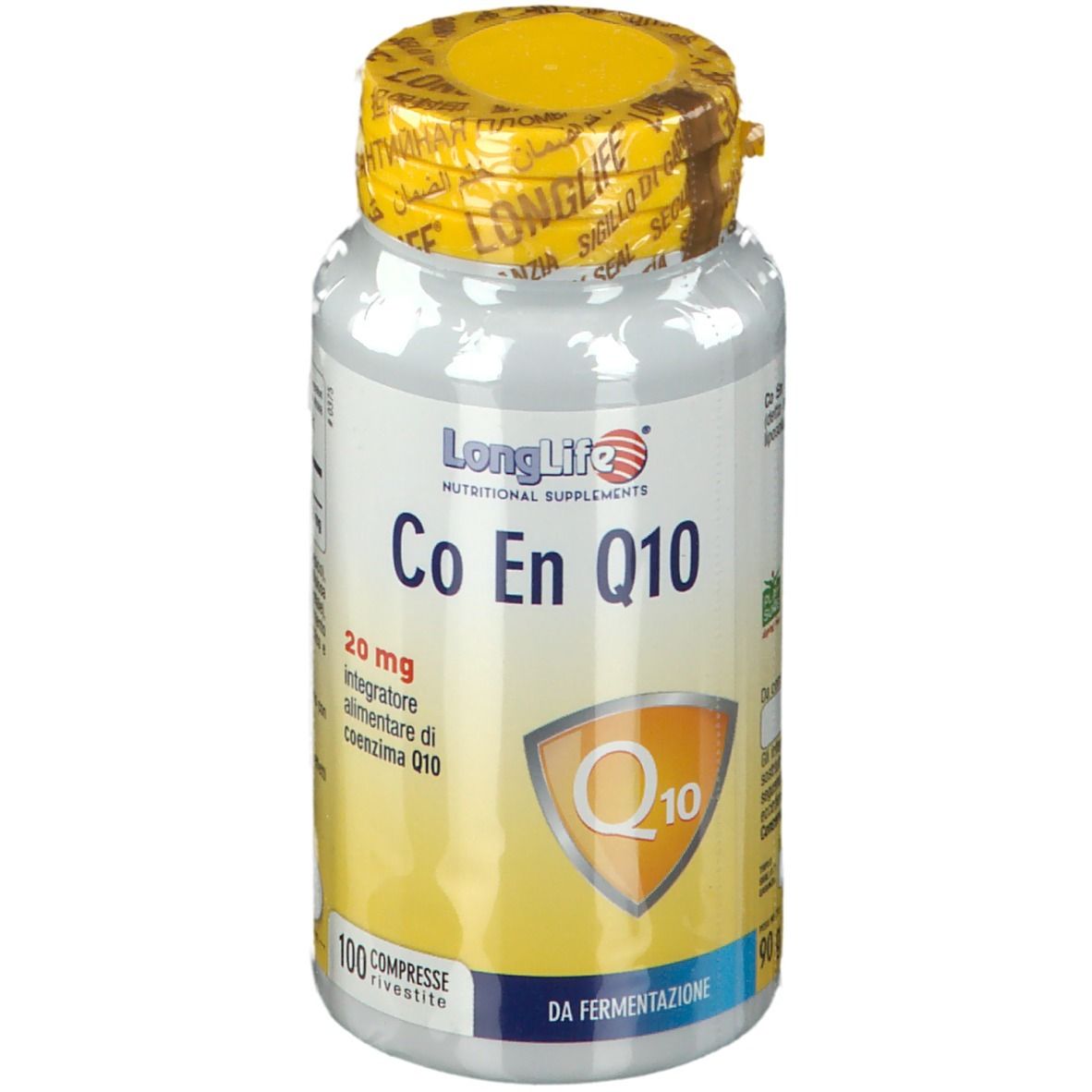 Flacone bianco, tappo giallo. Scritta: LongLife Co En Q10 20mg. 100 compresse. Etichetta gialla.