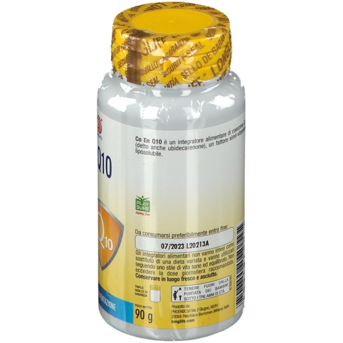 Retro del flacone bianco, tappo giallo. Scritta: LongLife Co En Q10. Testo ed etichetta.