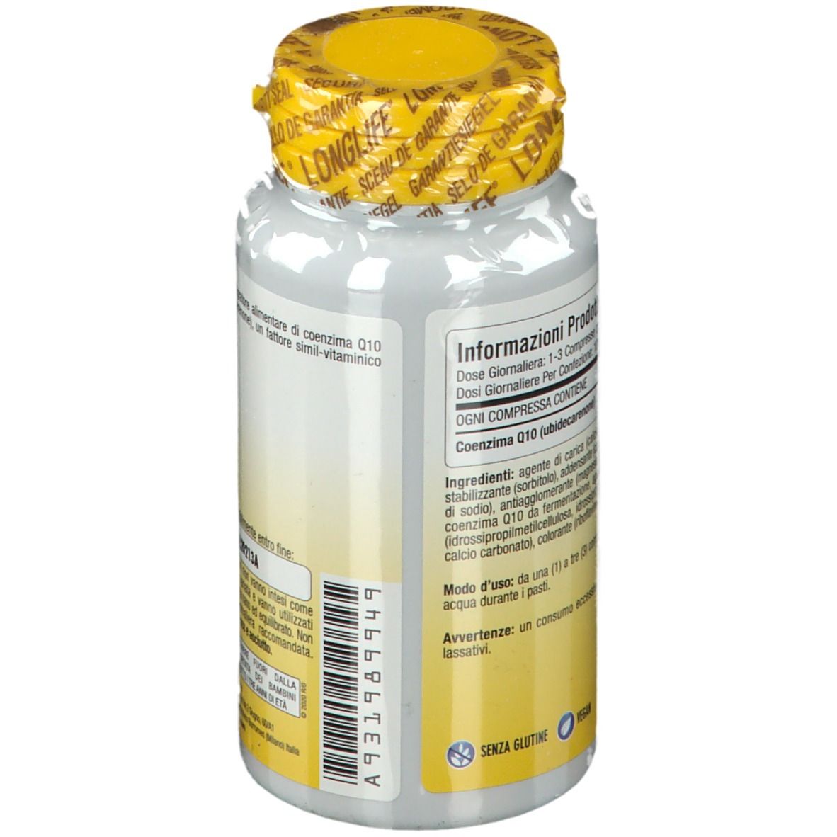 Retro del flacone bianco, tappo giallo. Scritta: LongLife Co En Q10. Testo ed etichetta.