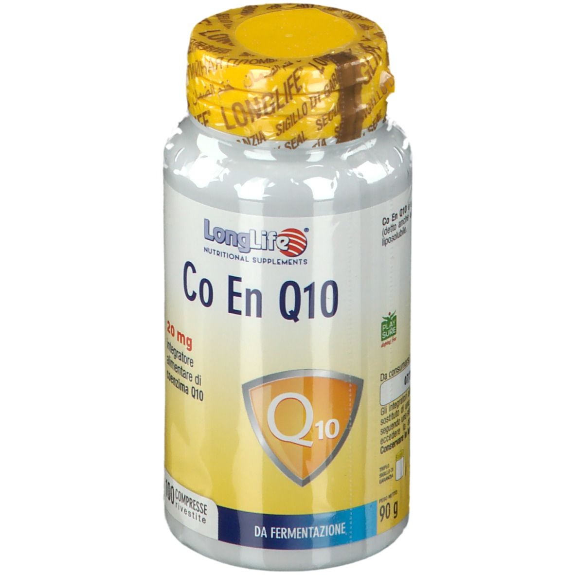 Flacone bianco, tappo giallo. Scritta: LongLife Co En Q10 20mg. 100 compresse. Etichetta gialla.
