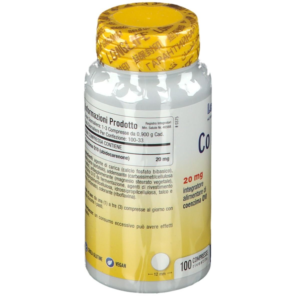 Retro del flacone bianco, tappo giallo. Scritta: LongLife Co En Q10. Testo ed etichetta.
