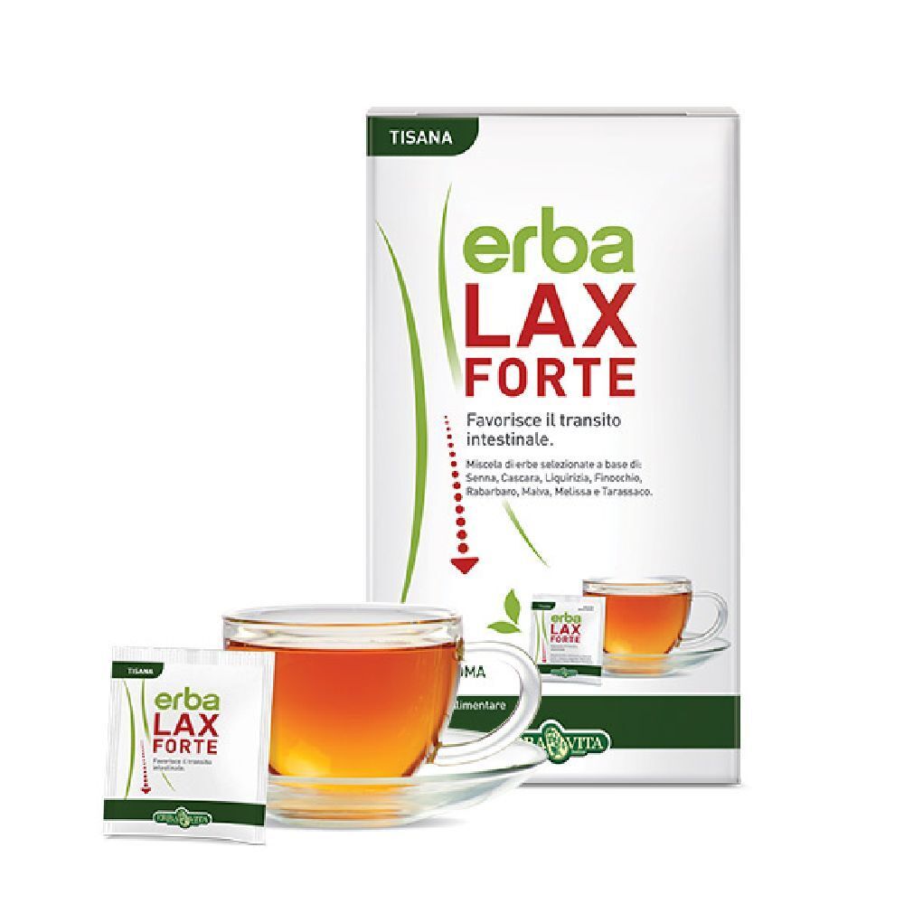 Scatola e tazza di tè. Scritta: Erba Lax Forte. Bustina di tè. Tazza di vetro con tè.