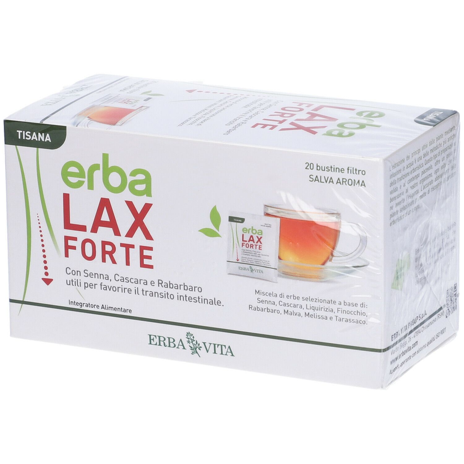 Confezione di Erba Lax Forte. 20 bustine filtro. Scritta: Erba Lax Forte. Con Senna, Cascara e Rabarbaro.