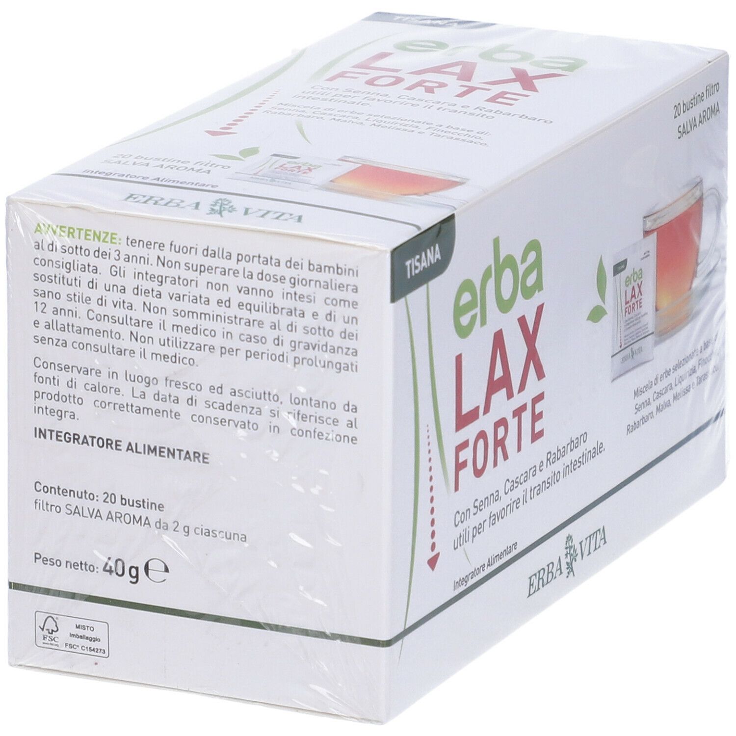 Confezione di Erba Lax Forte. 20 bustine filtro. Scritta: Erba Lax Forte. Con Senna, Cascara e Rabarbaro.