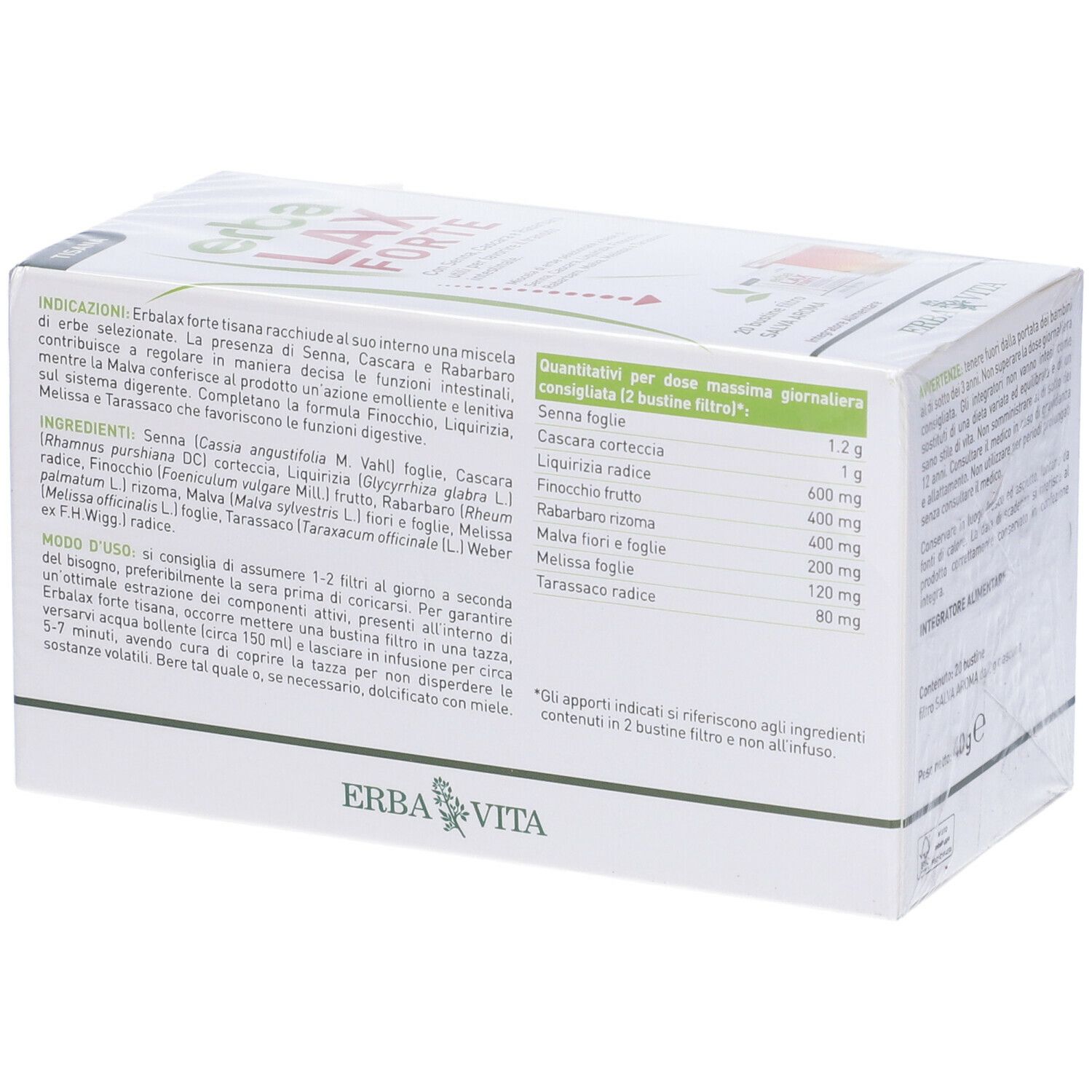 Confezione di Erba Lax Forte. Retro con ingredienti e dosaggio. 20 bustine filtro.