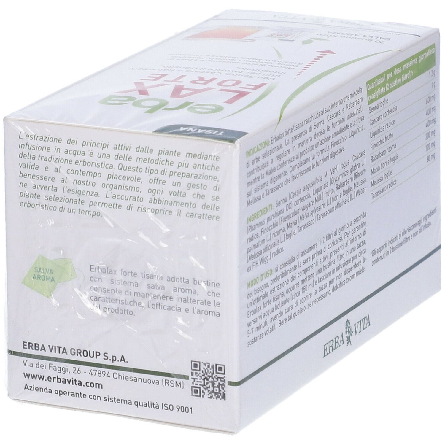 Confezione di Erba Lax Forte. Retro con ingredienti e indirizzo del produttore. 20 bustine filtro.