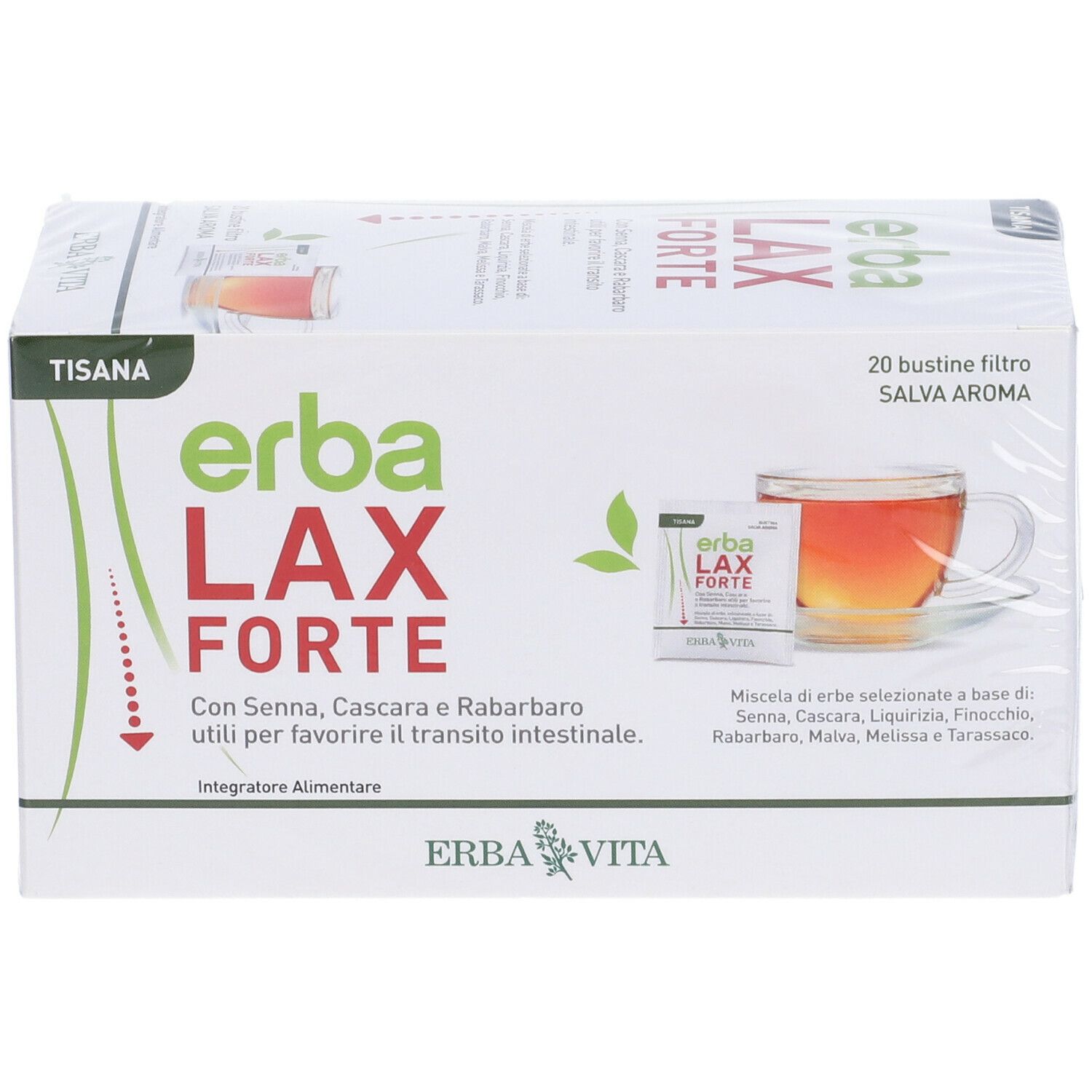 Confezione di Erba Lax Forte. 20 bustine filtro. Scritta: Erba Lax Forte. Con Senna, Cascara e Rabarbaro.