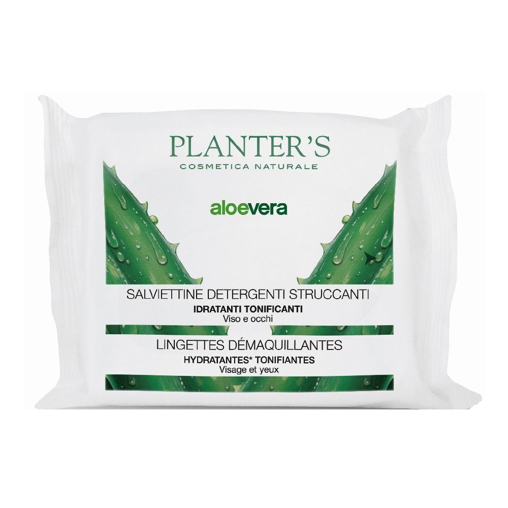 Weiche Packung Reinigungstücher mit Aloe Vera. Aufdruck: PLANTER'S, SALVIETTINE DETERGENTI STRUCCANTI, LINGETTES DÉMAQUILLANTES.