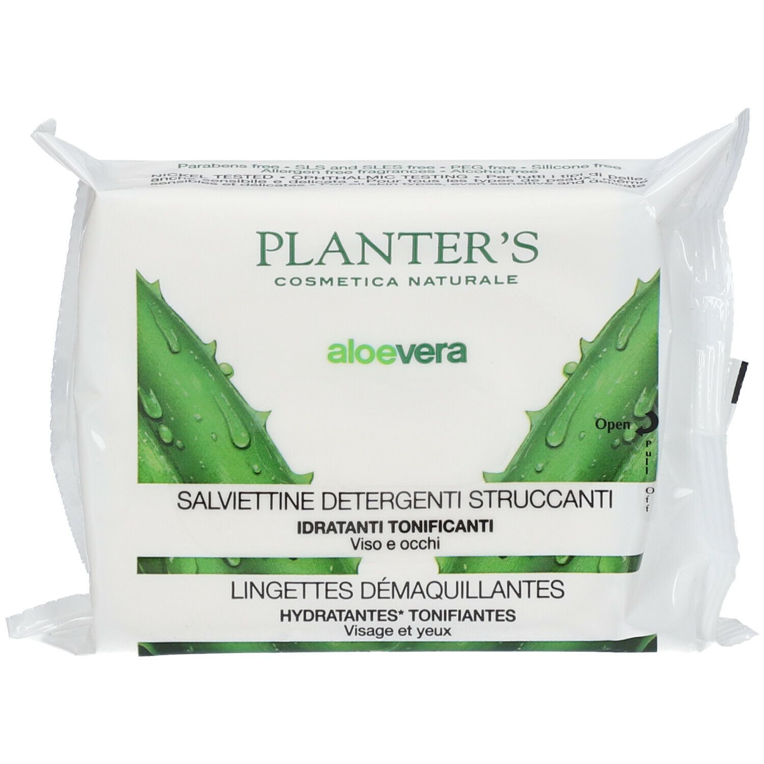 Geöffnete Packung Reinigungstücher mit Aloe Vera. Aufdruck: PLANTER'S, SALVIETTINE DETERGENTI STRUCCANTI, LINGETTES DÉMAQUILLANTES.