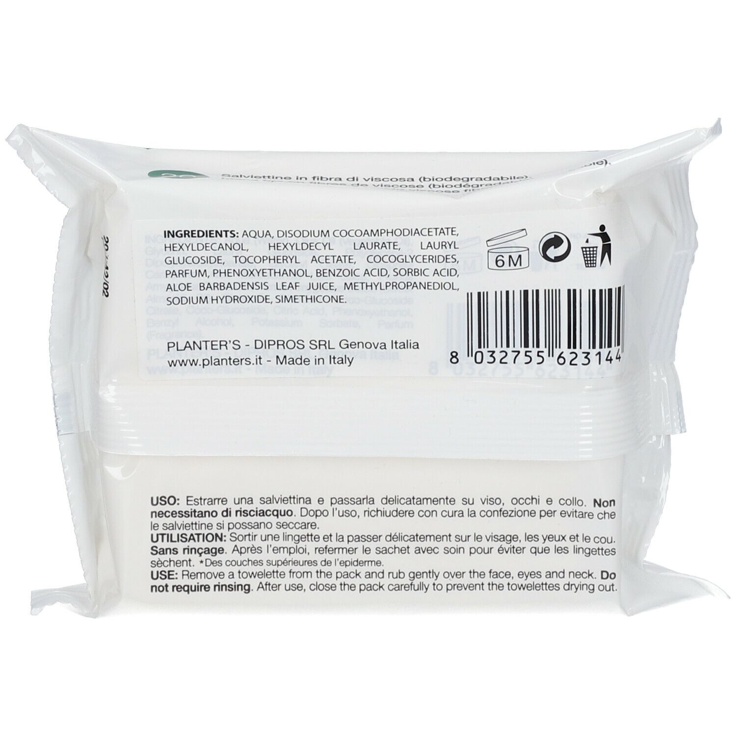 Rückseite der Packung Reinigungstücher. Aufdruck: Inhaltsstoffe, Gebrauchsanweisung, Recycling-Symbole, Barcode, PLANTER'S.