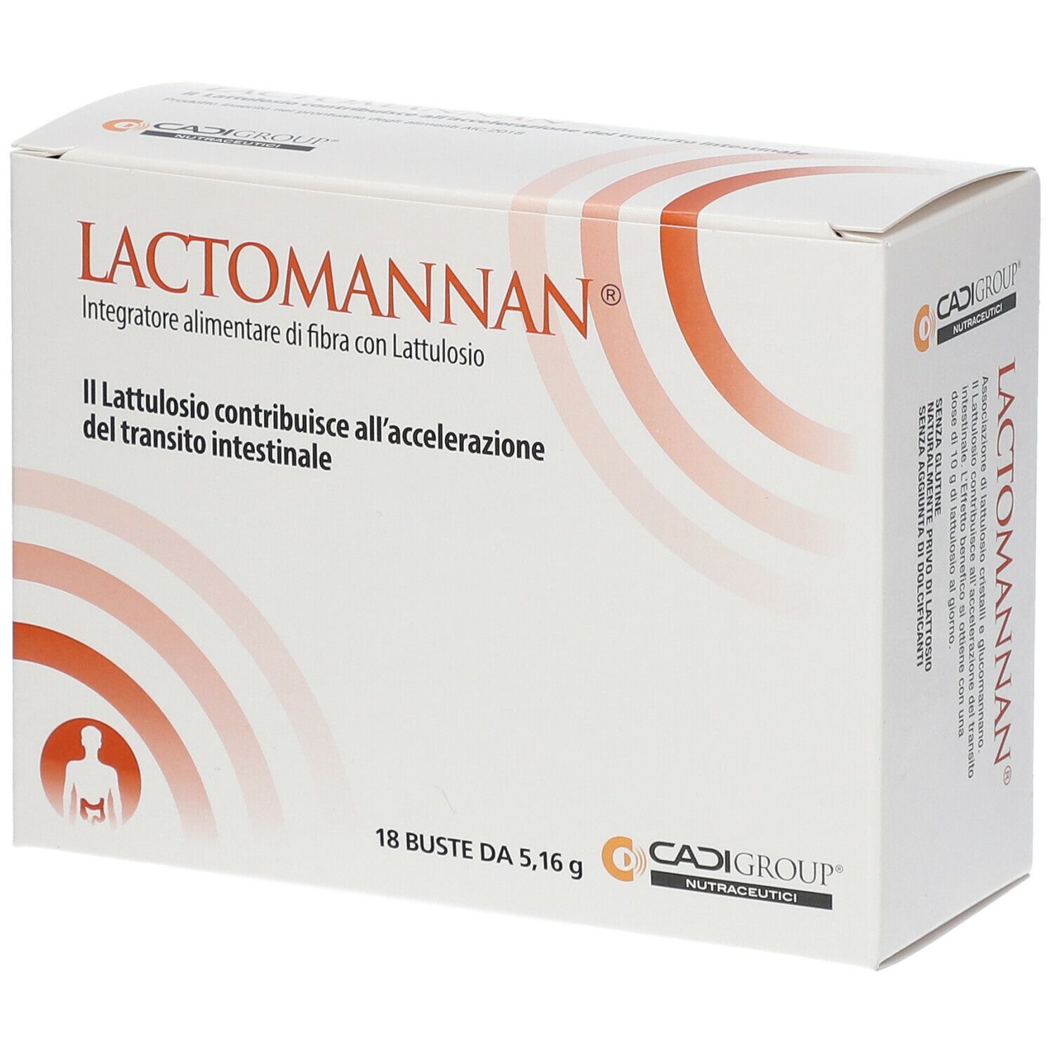 Boîte de Lactomannan® Bustine. Inscription : 'Integratore alimentare di fibra con Lattulosio'. Contient 18 sachets.