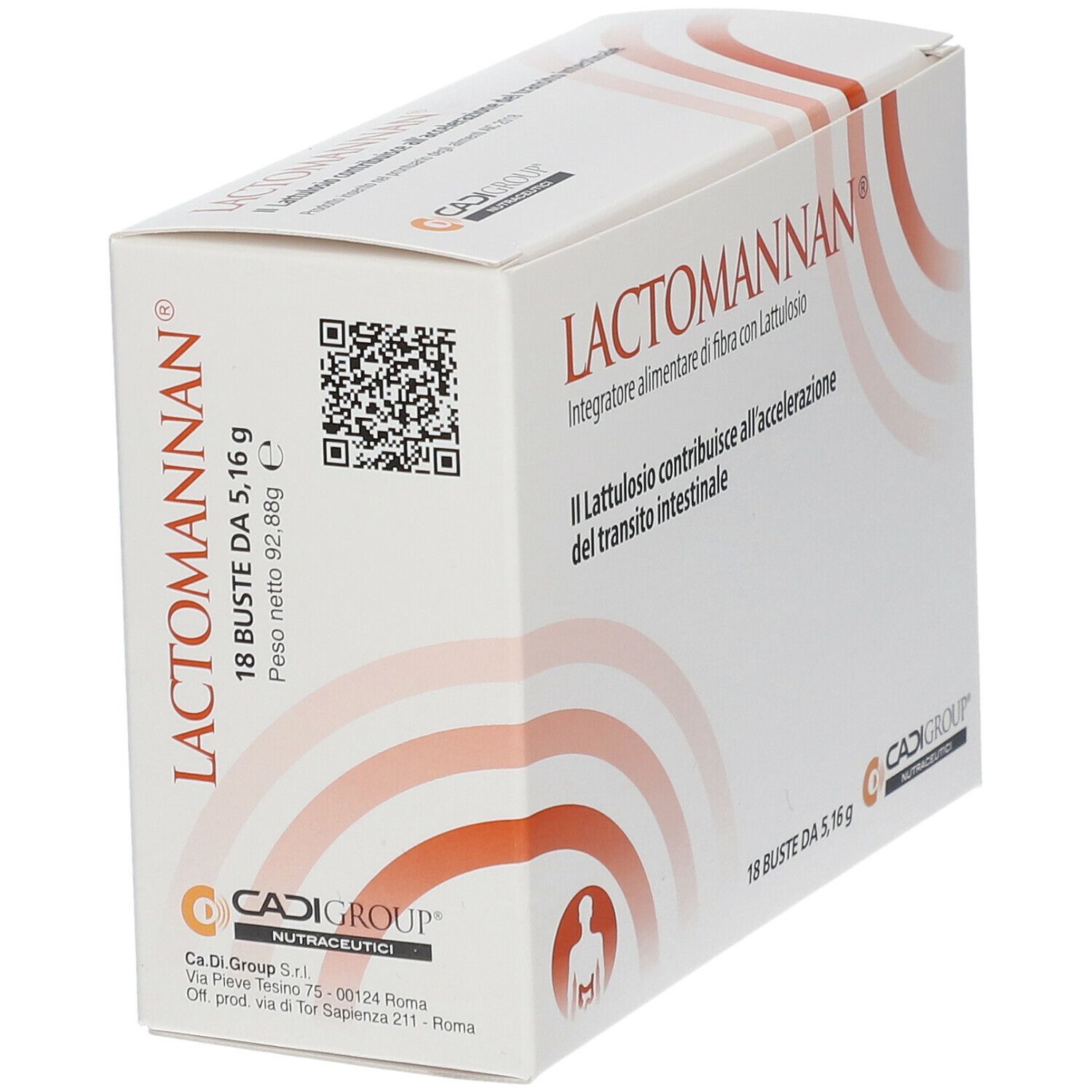 Boîte Lactomannan® Bustine, avec code QR. Inscription : 'Integratore alimentare di fibra con Lattulosio'. 18 sachets.