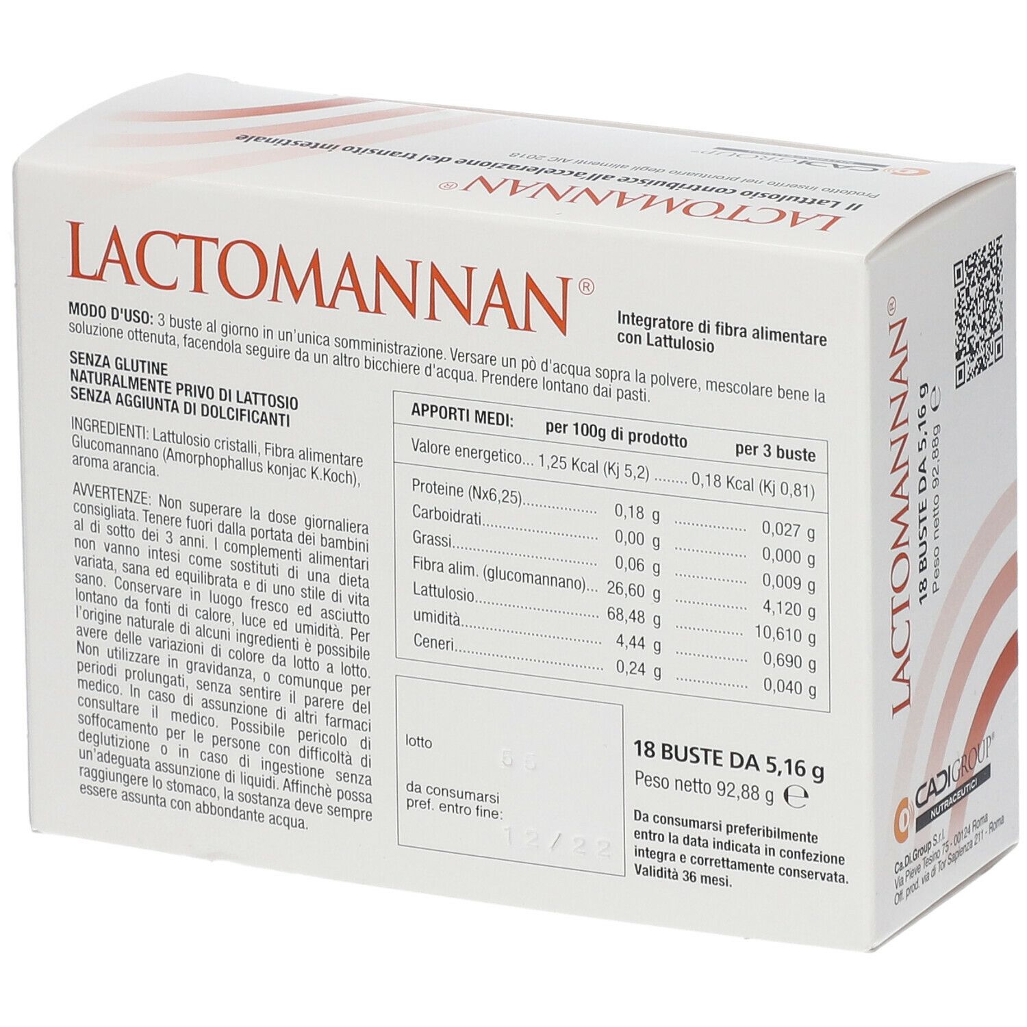 Boîte Lactomannan® Bustine. Inscription : 'Integratore alimentare di fibra con Lattulosio'. Informations nutritionnelles. 18 sachets.