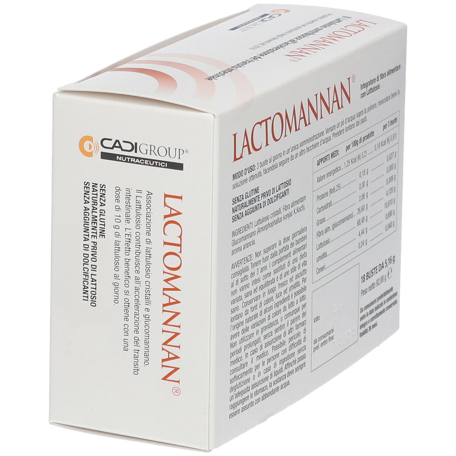 Boîte Lactomannan® Bustine. Inscription : 'Integratore alimentare di fibra con Lattulosio'. Informations nutritionnelles. 18 sachets.