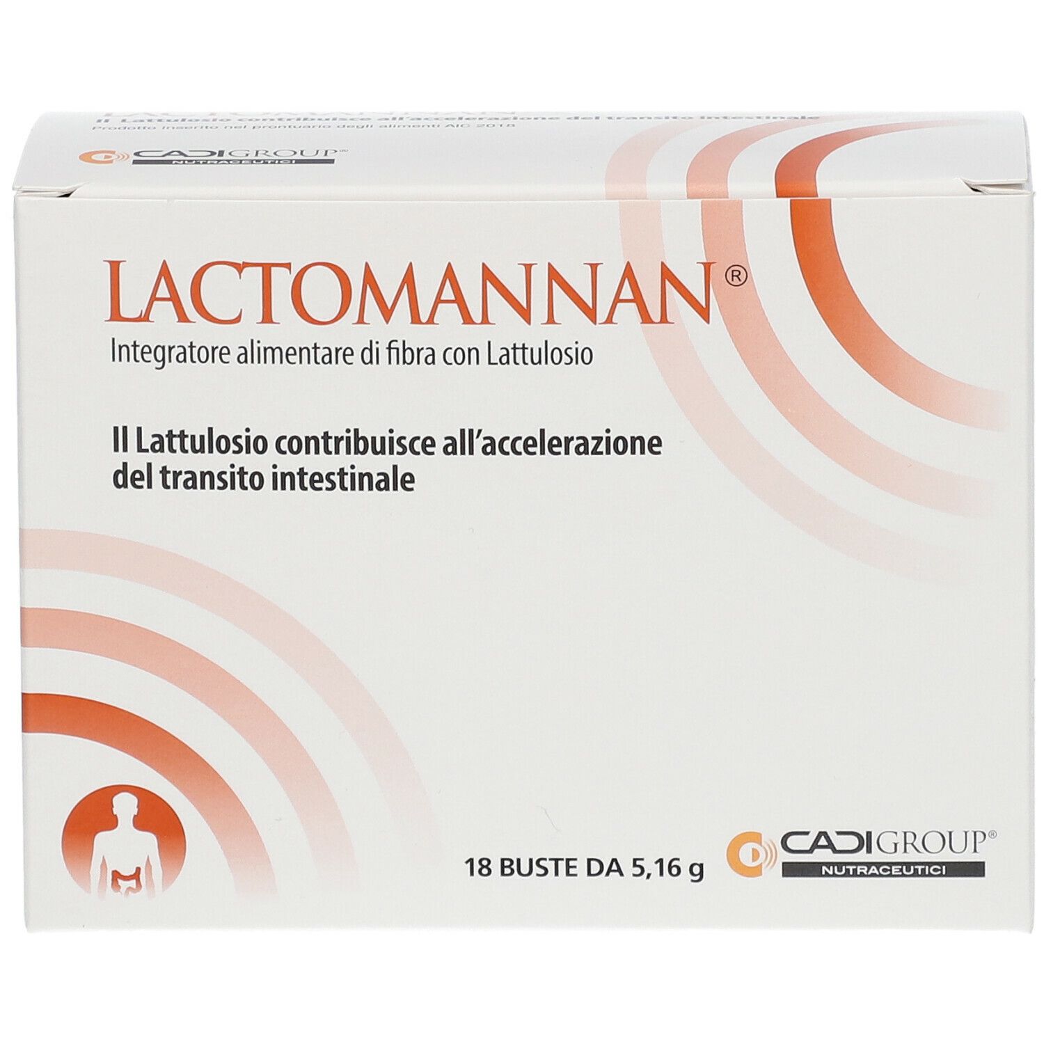 Boîte Lactomannan® Bustine. Inscription : 'Integratore alimentare di fibra con Lattulosio'. 18 sachets. Logo Cadi Group.
