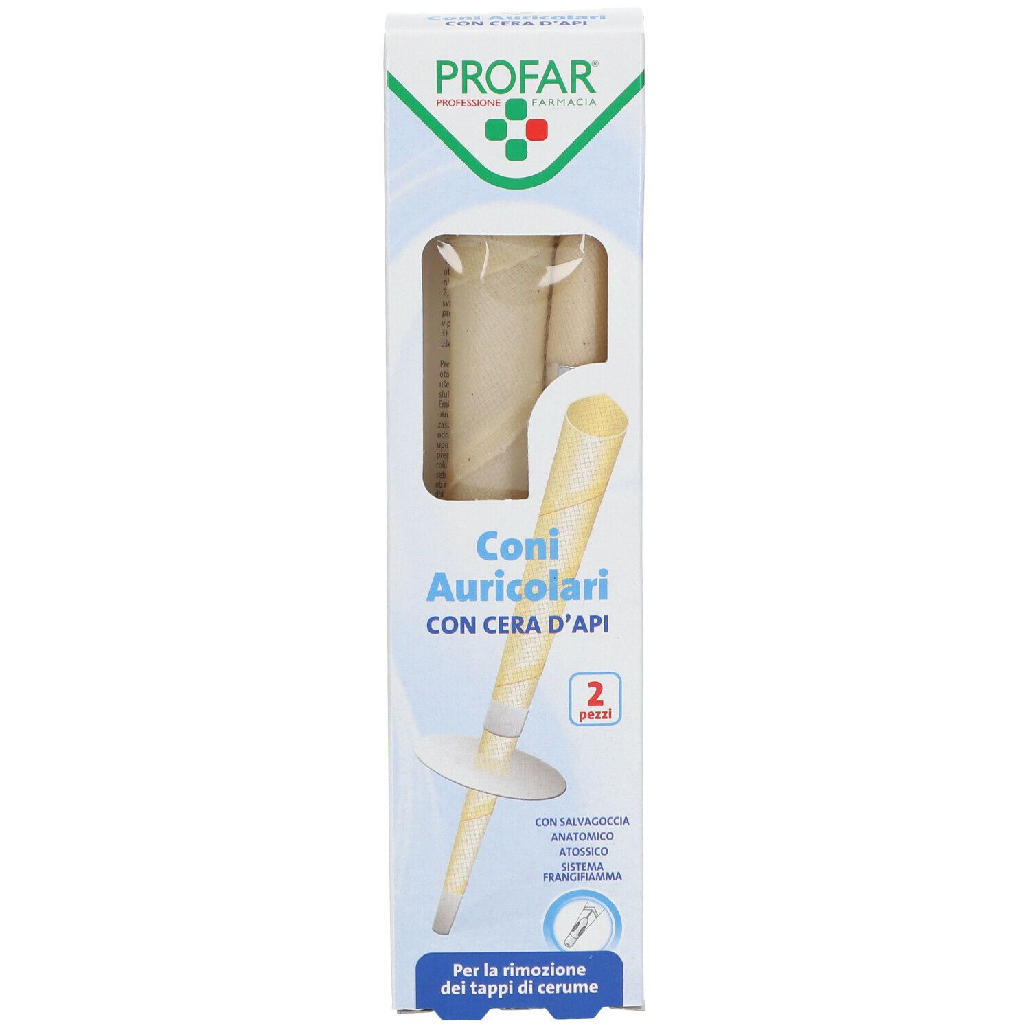 Confezione PROFAR. Coni Auricolari con cera d'api. Due coni visibili. Forma anatomica.