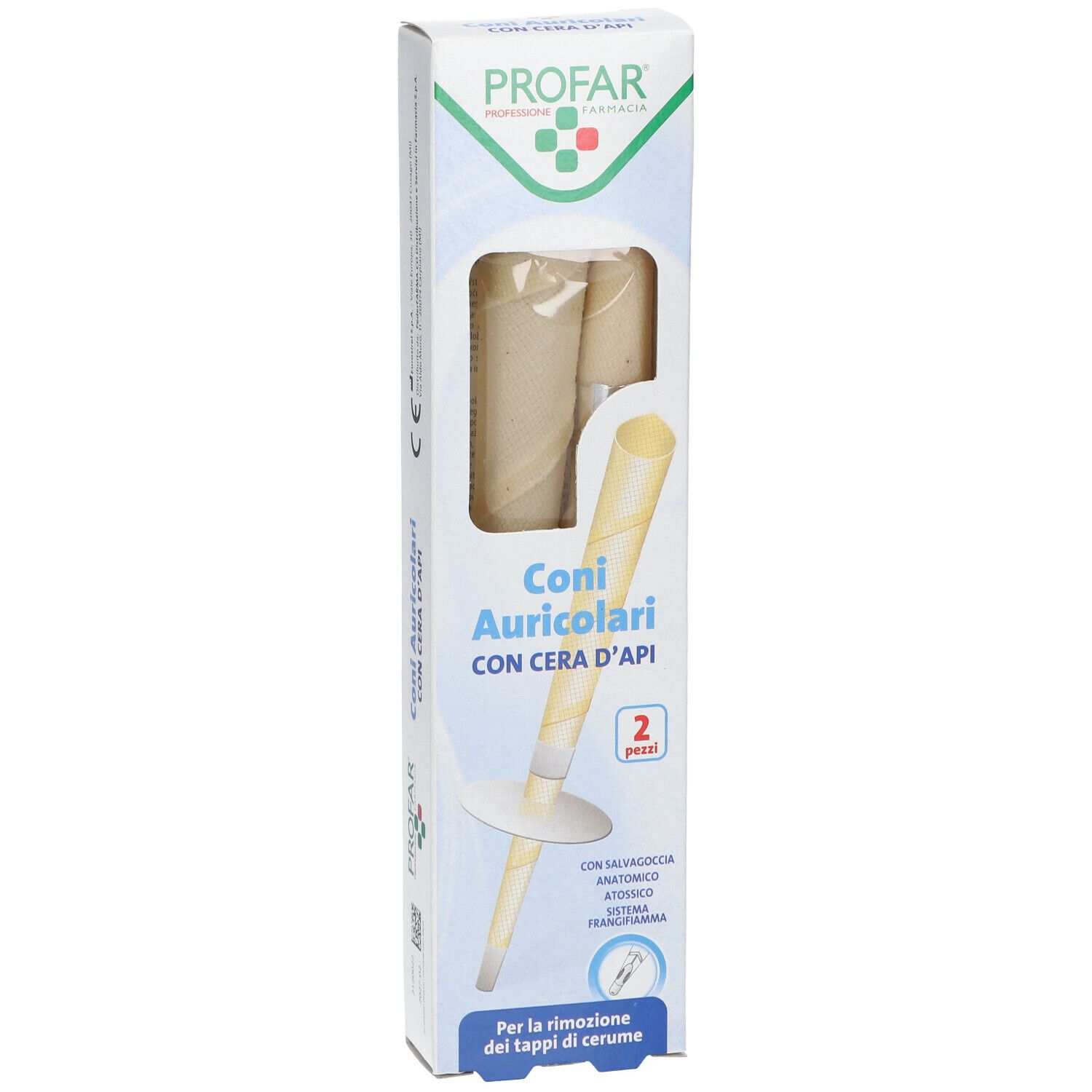 Confezione PROFAR. Coni Auricolari con cera d'api. Due coni visibili. Forma anatomica.