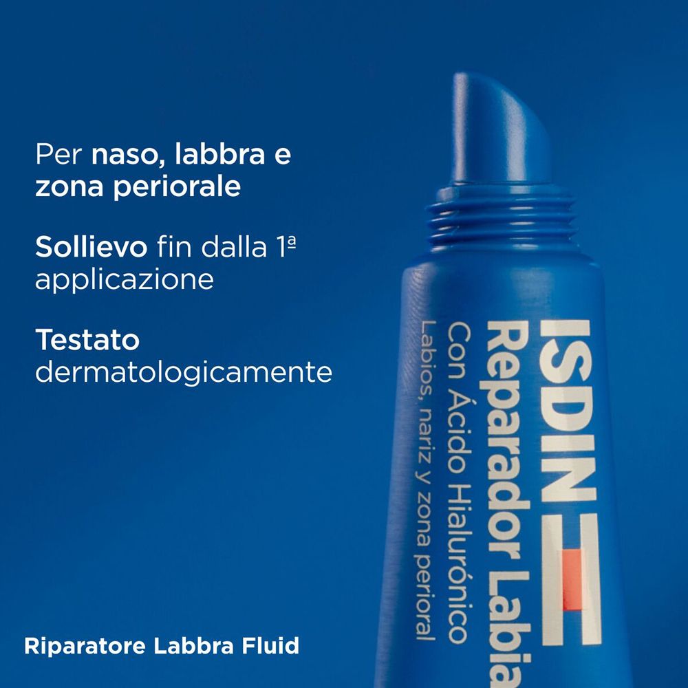 Blaue Tube mit Aufschrift ISDIN Reparador Labial. Mit Hyaluronsäure. Für Lippen, Nase und periorale Zone.