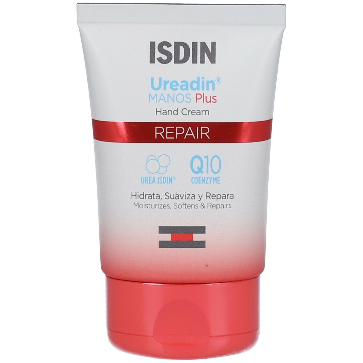 Tubo di crema per le mani. Scritta: ISDIN Ureadin® MANOS PLUS Hand Cream REPAIR.