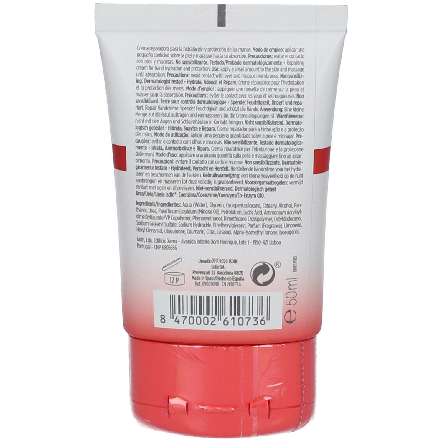 Retro del tubetto di crema per le mani. Testo e ingredienti.