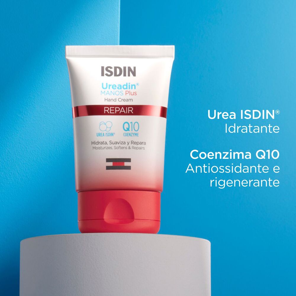 Tubo di crema per le mani. Testo: Urea ISDIN® Idratante, Coenzima Q10 Antiossidante e rigenerante.