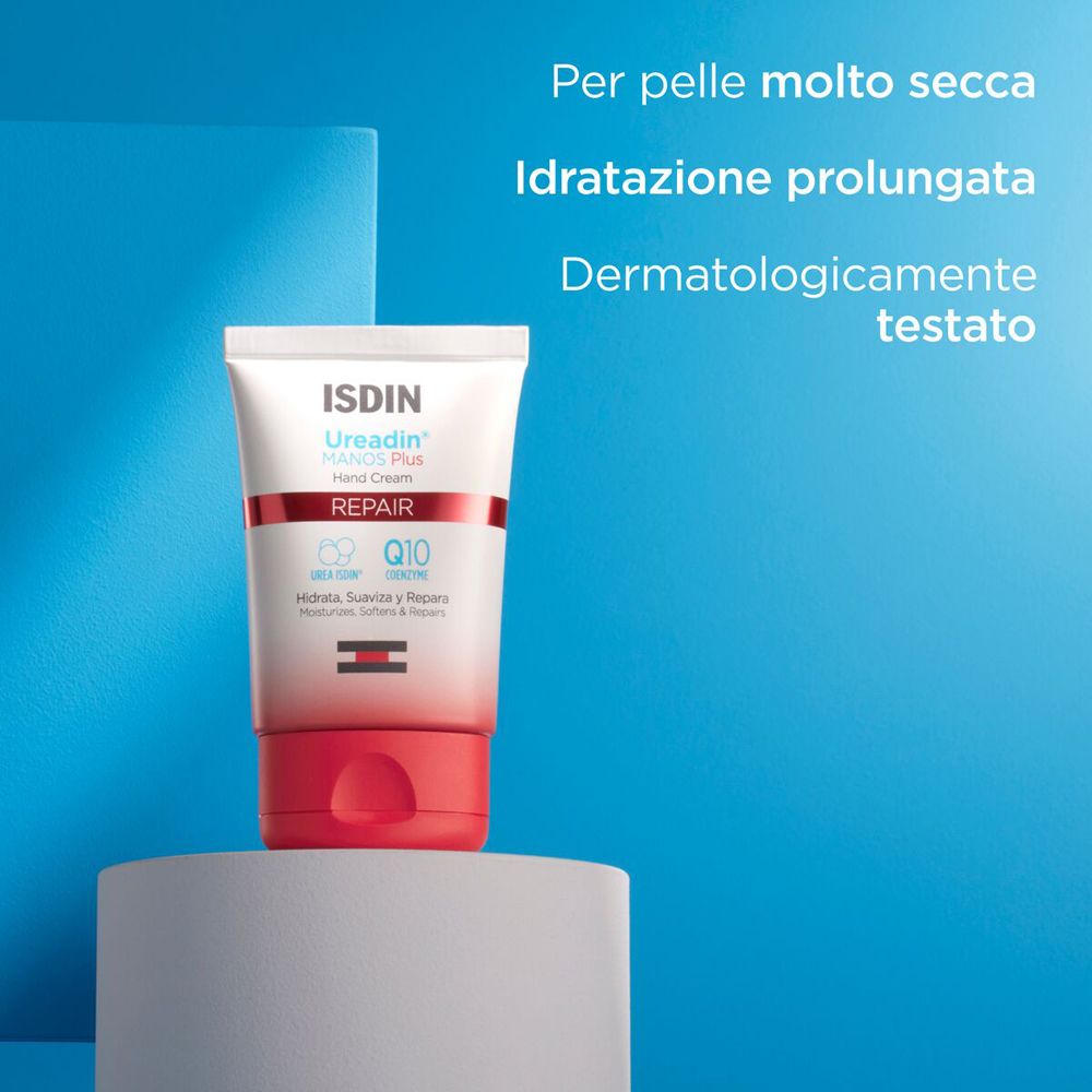 Tubo di crema per le mani. Testo: Per pelle molto secca, Idratatione prolungata, Dermatologicamente testato.